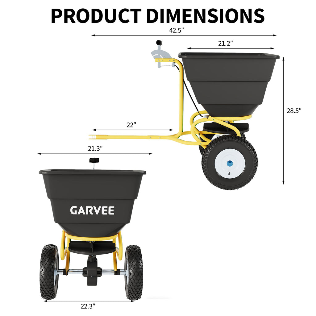 Garvee Tow-Behind Broadcast Spreader, 110 lbs Capacity with 10-Inch Pneumatic Tires, Universal Hitch and Feeder Cover for Seed, Fertilizer and Salt, Yellow