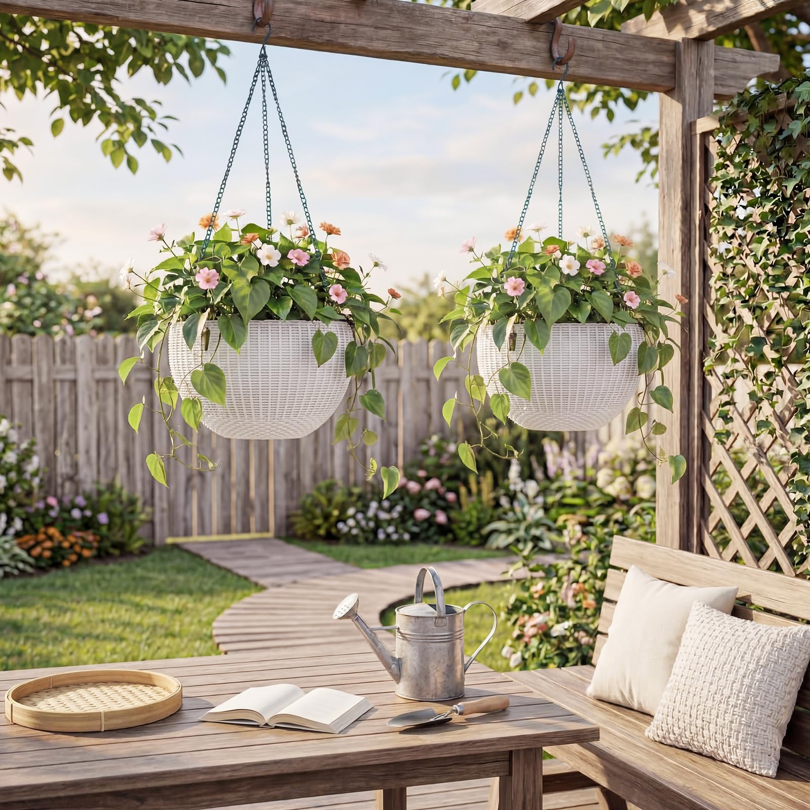 Garvee Self-Watering Hanging Planters for Indoor & Outdoor Plants, 4-Pack 13.8 in Resin Baskets with Rattan Look, Drainage Plugs and Triple-Chain Hangers