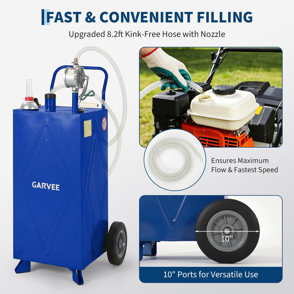 Garvee 35 Gallon Portable Fuel Gas Caddy Storage Tank – Reinforced 2-Wheel, 2-Support Design, Manual Rotary Pump, Vented Cap, Level Gauge, Fuel Hose – Gasoline/Fuel Transfer for ATV, Tractor, Mower, Car, Boat – Reinforced 2-wheel, 2-support version - Blue