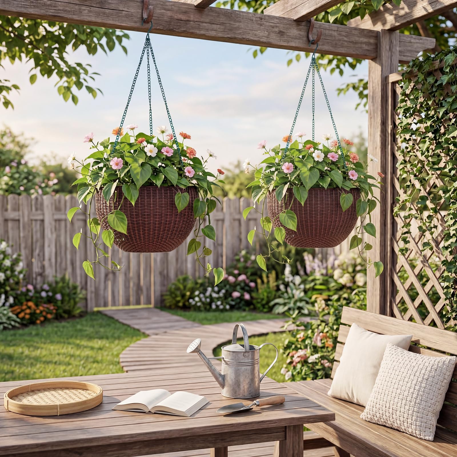 Garvee Self-Watering Hanging Planters for Indoor & Outdoor Plants, 4-Pack 13.8 in Resin Baskets with Rattan Look, Drainage Plugs and Triple-Chain Hangers