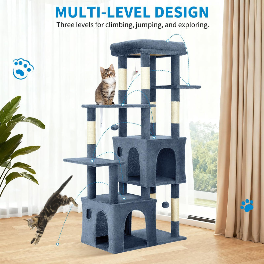 Garvee 61" Multi-Level Cat Tree for Indoor Cats, Heavy-Duty Tower for Large Adult & Maine Coon Cats with Oversized Perch, Dual Condos, Natural Sisal Scratching Posts & Play Toys – Light Blue