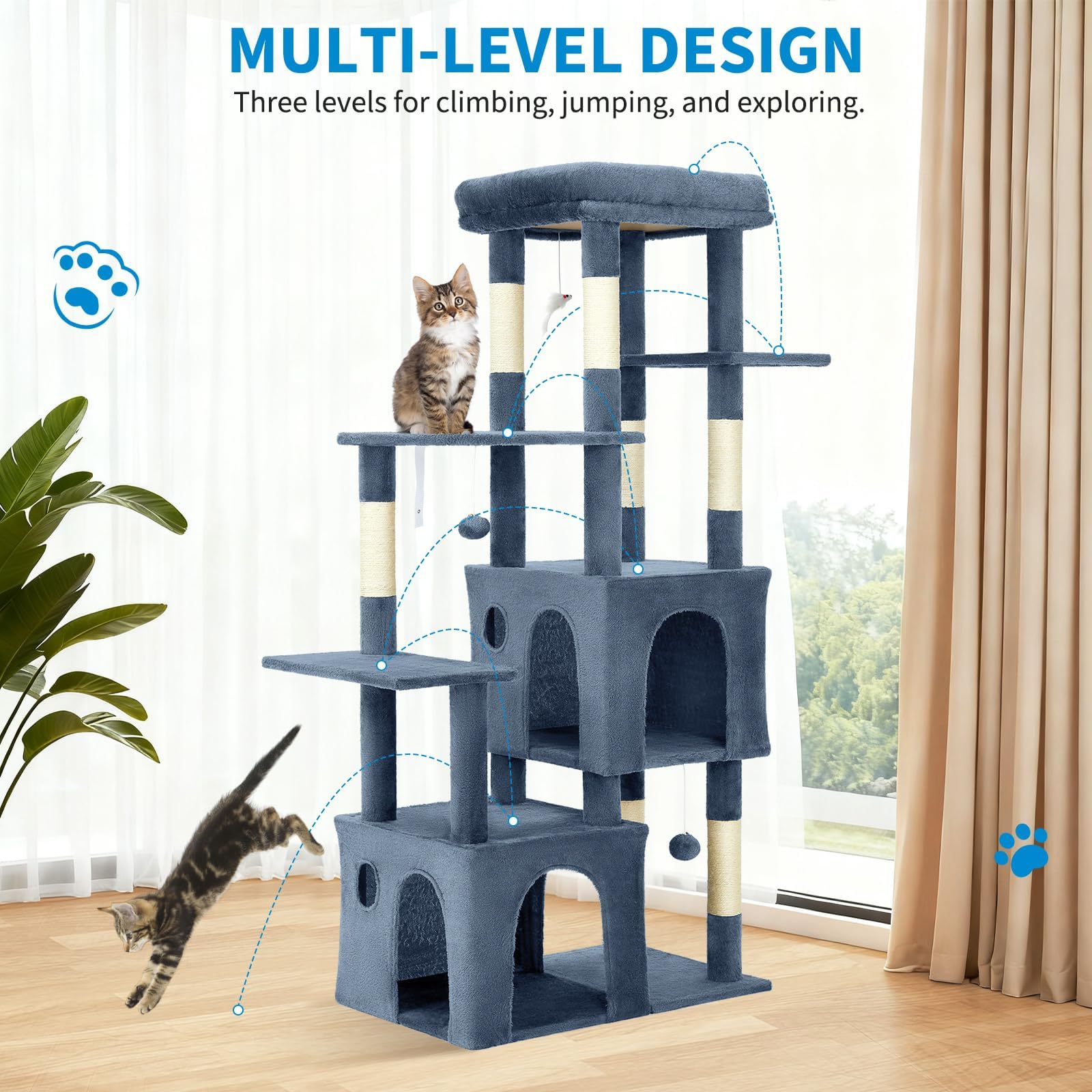 Garvee 61" Multi-Level Cat Tree for Indoor Cats, Heavy-Duty Tower for Large Adult & Maine Coon Cats with Oversized Perch, Dual Condos, Natural Sisal Scratching Posts & Play Toys – Light Blue