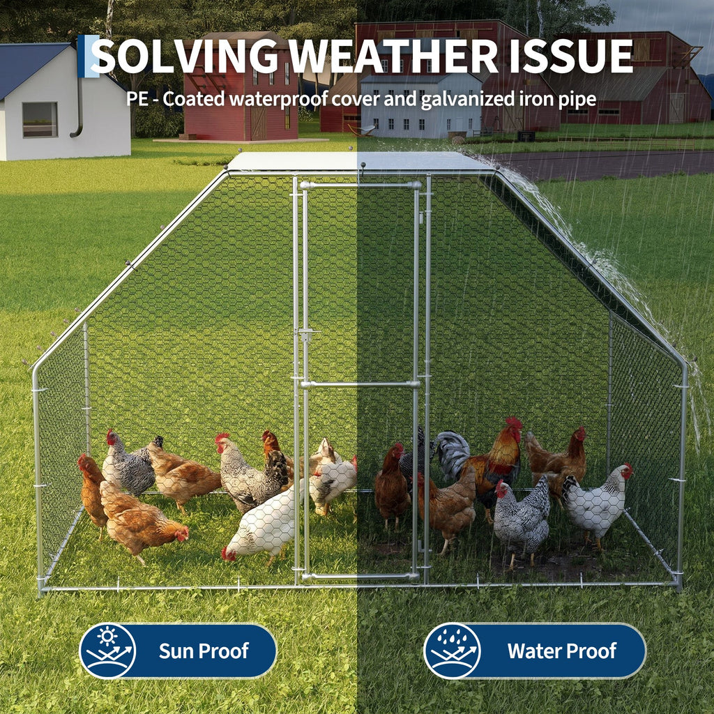 Garvee  9.73' x 6.40' x 6.03'  Spacious Metal Chicken Coop for 6-10 Chickens – Outdoor Walk-In Poultry Cage with Anti-UV Waterproof Cover – Durable Backyard Pen
