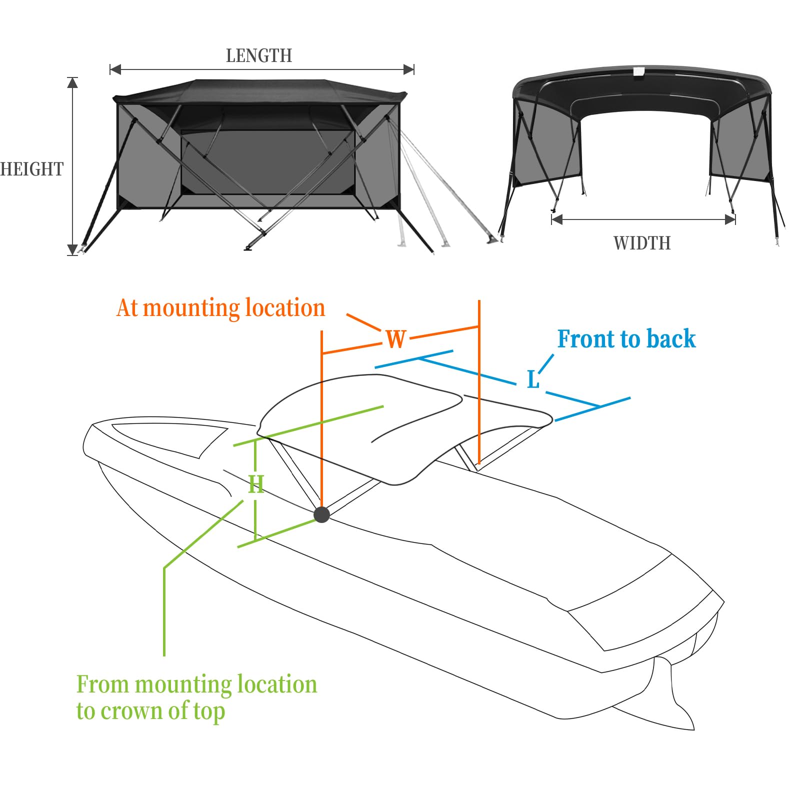Garvee 4 Bow Bimini Top for Boats - Heavy-Duty PU Coated Canvas, 1" Aluminum Frame, UV Protection, Waterproof Sun Shade, Zippered Translucent Side Curtains, Mesh Sidewalls, Adjustable Rear Support Poles, Easy Installation, Black (translucent side curtain