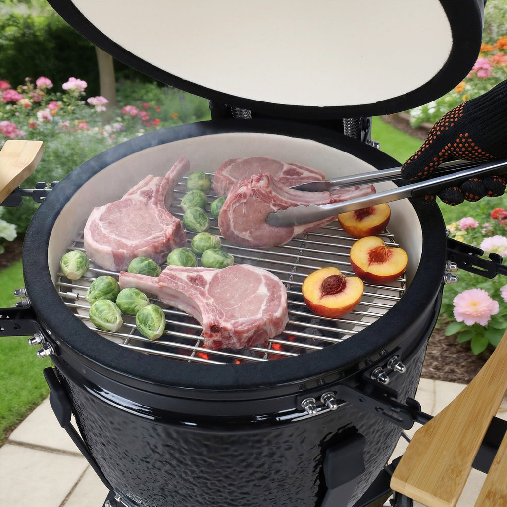 Garvee 18" Ceramic Kamado Grill, 250 Sq.In. Charcoal BBQ Grill and Smoker with AMP Firebox, Cast-Iron Top Vent and Slide-Out Ash Drawer - Black