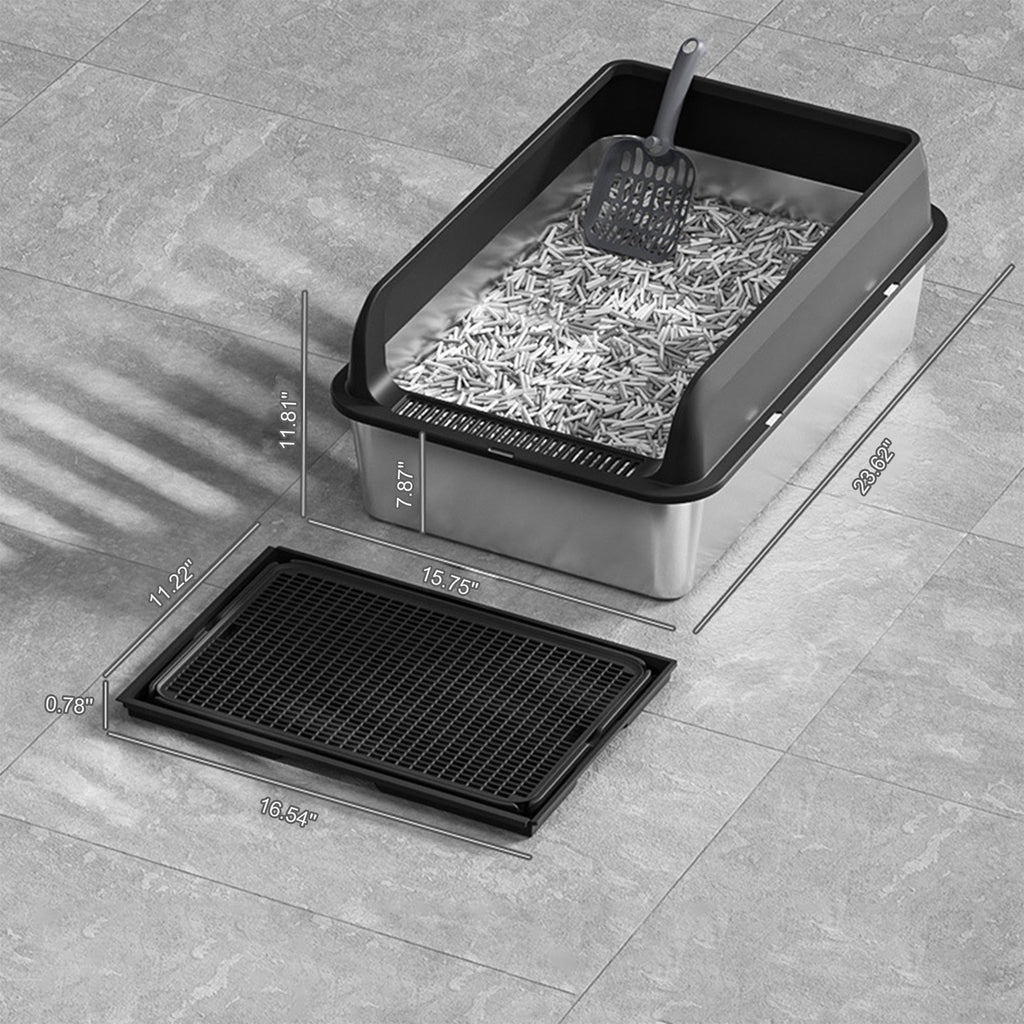 Garvee Stainless Steel Cat Litter Box with Lid, 23.6"x15.8"x11.8" Large Litter Box for Big Cats, Anti Leakage, Odor-Free & Easy Cleaning Metal Litter Pan Include Scoop, Non-Sticky with High Wall Sides-black