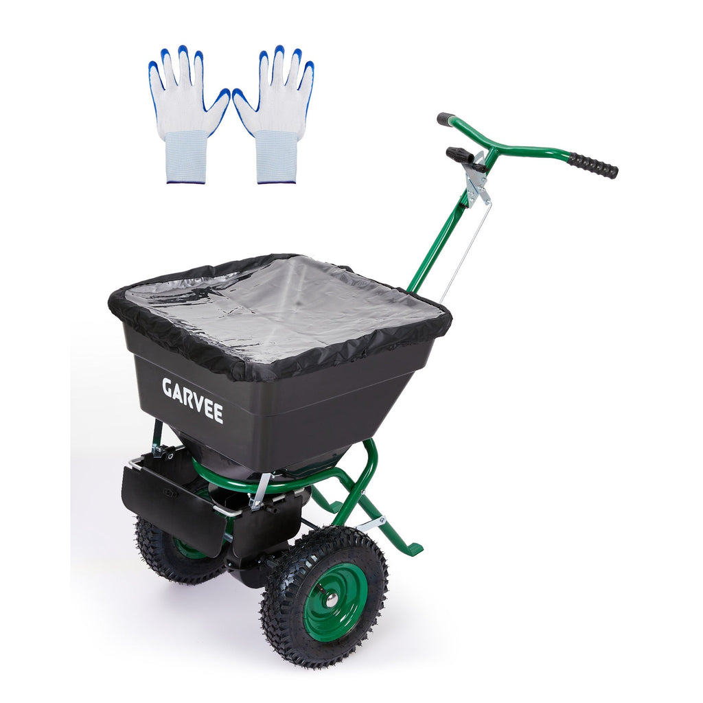 Garvee 100 lb Push Broadcast Spreader with 12' Spread Width, Adjustable Drop Rate, 10" Pneumatic Tires, Rain Cover & Gloves for Seed, Fertilizer, Salt and Ice Melt, Black & Dark Green