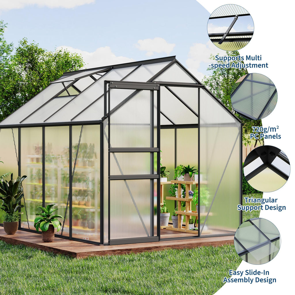 Garvee 6 x 8 FT Polycarbonate Greenhouse with Aluminum Frame, Sliding Door & Adjustable Roof Vent, Heavy-Duty Outdoor Greenhouse for Backyard, Garden, Patio