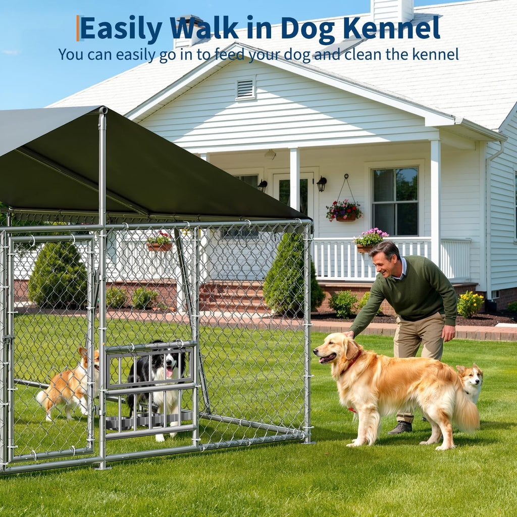 Garvee Large Outdoor Dog Kennel, Heavy Duty Metal Dog Run with Waterproof UV-Resistant Roof, Lockable Door & Rotating Feeder, 7.5×7.5×5.4 ft
