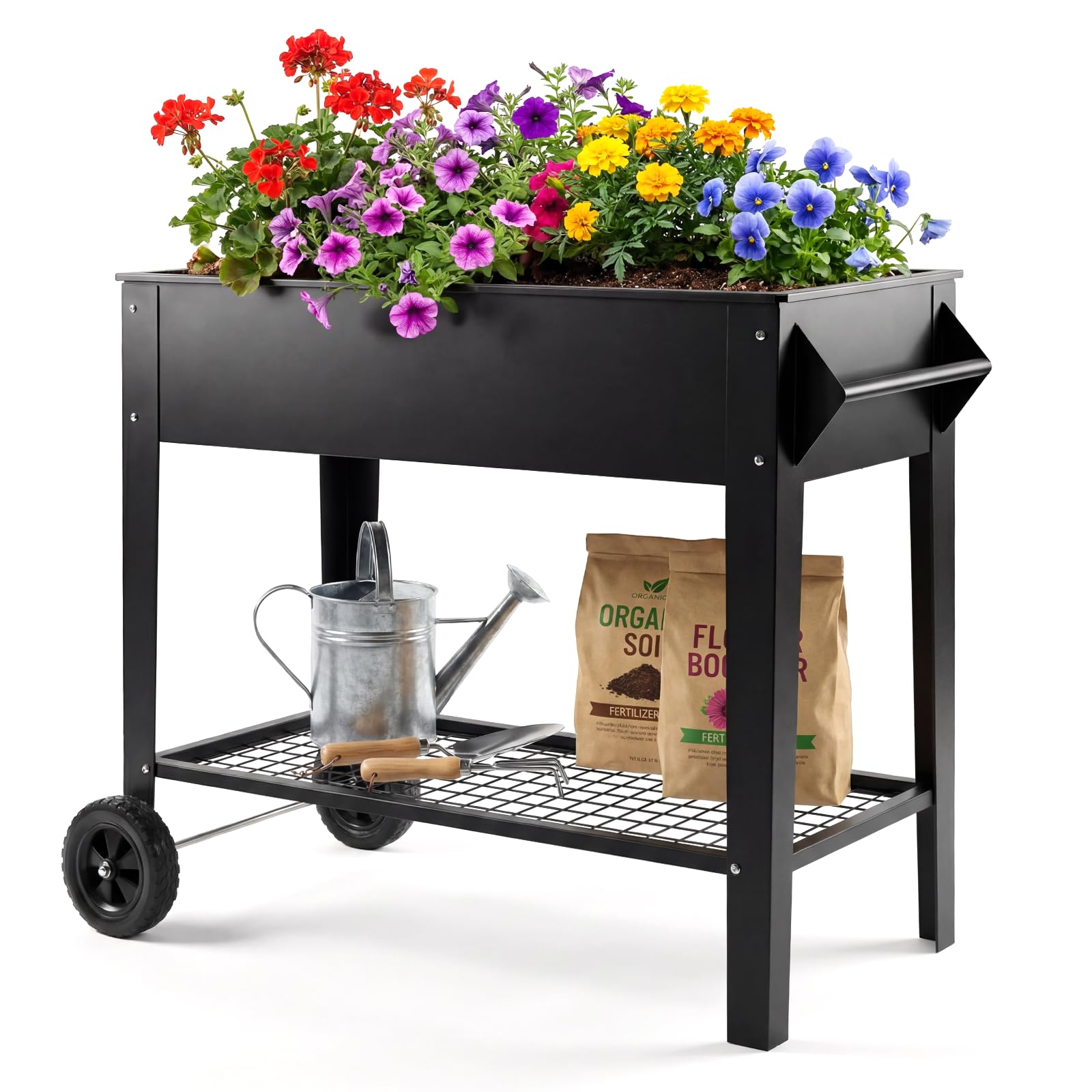 Garvee 40" x 32" x 15.3" Black Raised Garden Bed with Wheels & Storage Shelf, 400 lb Capacity Anti-Rust Steel Elevated Planter Box with Drainage Holes for Vegetables, Herbs, Flowers, Patio, Balcony & Backyard