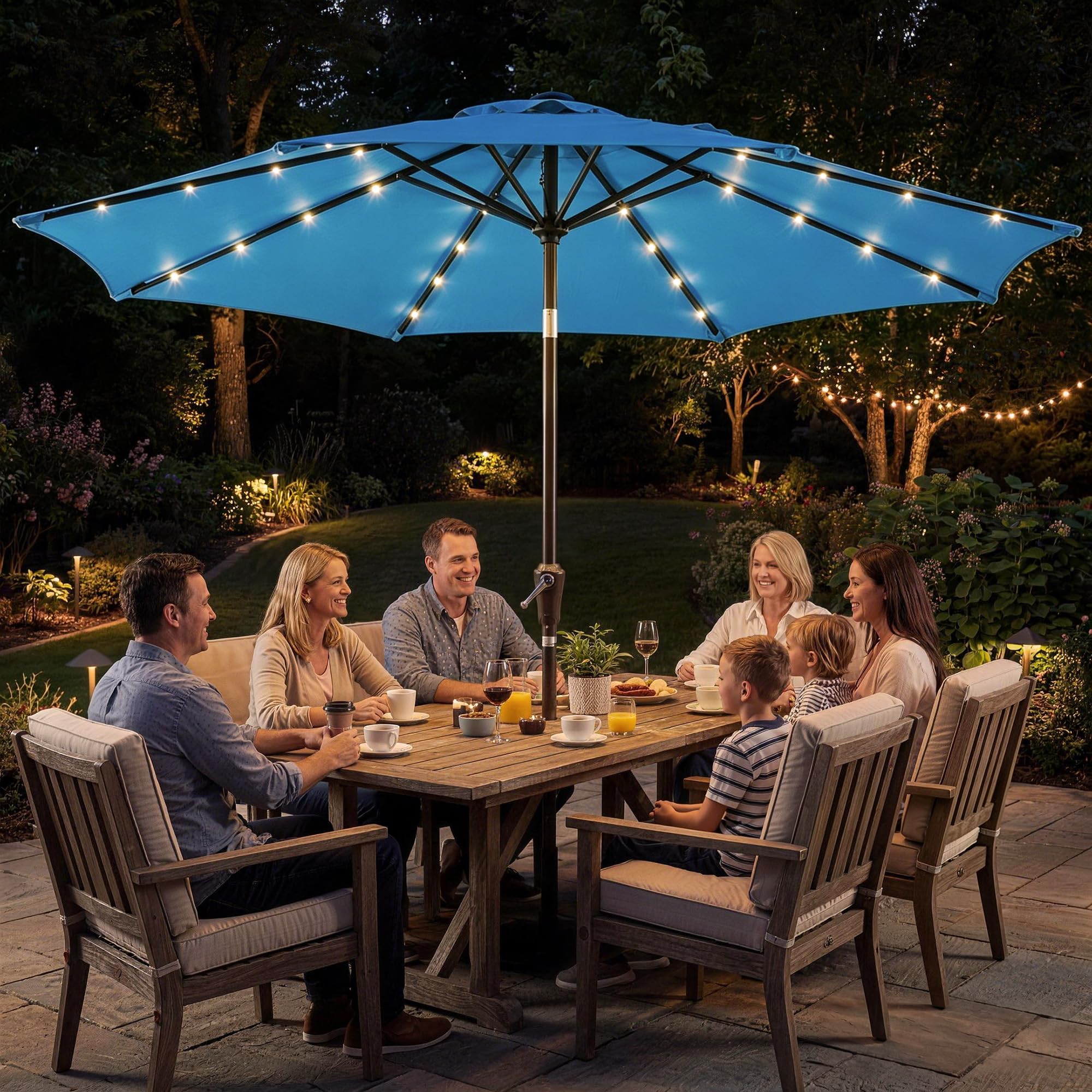 Garvee 9 FT Solar LED Patio Umbrella, Outdoor Market Table Umbrella with Tilt & Crank, 32 Lights, 8 Iron Ribs, UV Sun Shade for Garden, Deck & Pool, Blue