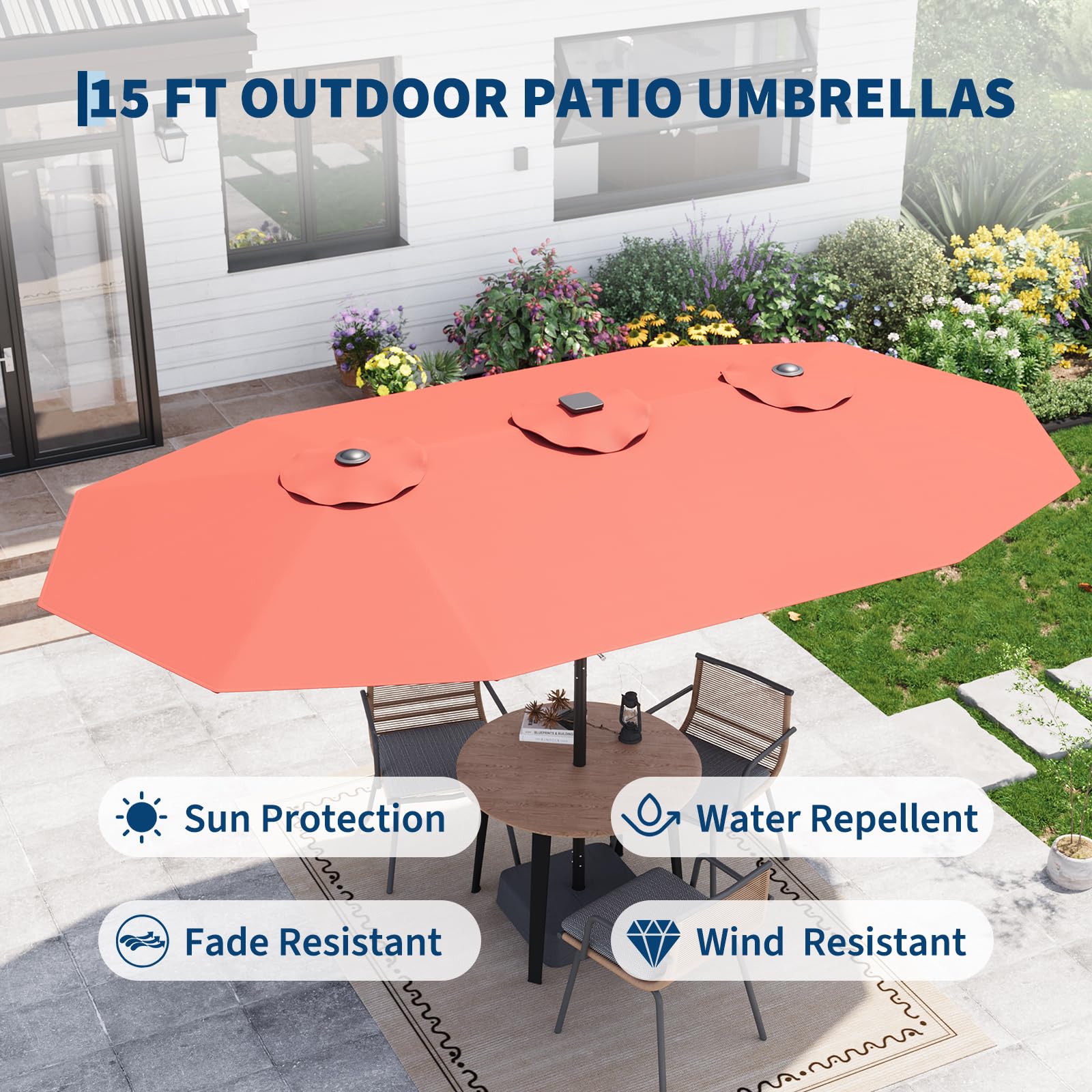 Garvee 15' Rectangular Patio Umbrella with Solar LED Lights & Base, Crank Handle UV-Resistant Outdoor Market Umbrella for Backyard, Pool & Patio, Red
