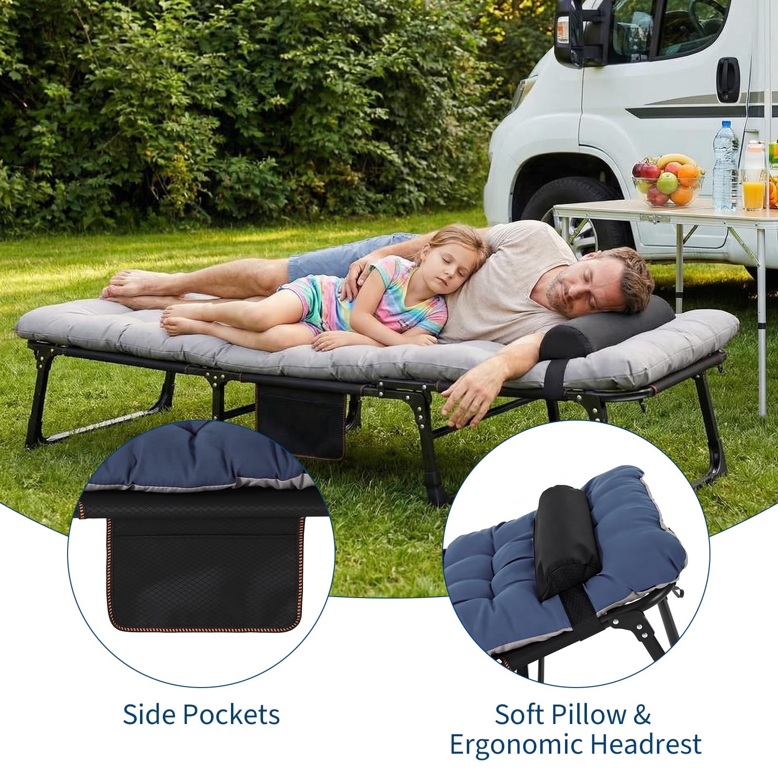 Garvee Portable Camping Cot for Adults, Heavy Duty Folding Bed with Thick Mattress Max 400LBS, Sleeping Cot for Camping, Travel, Home & Guest, Blue