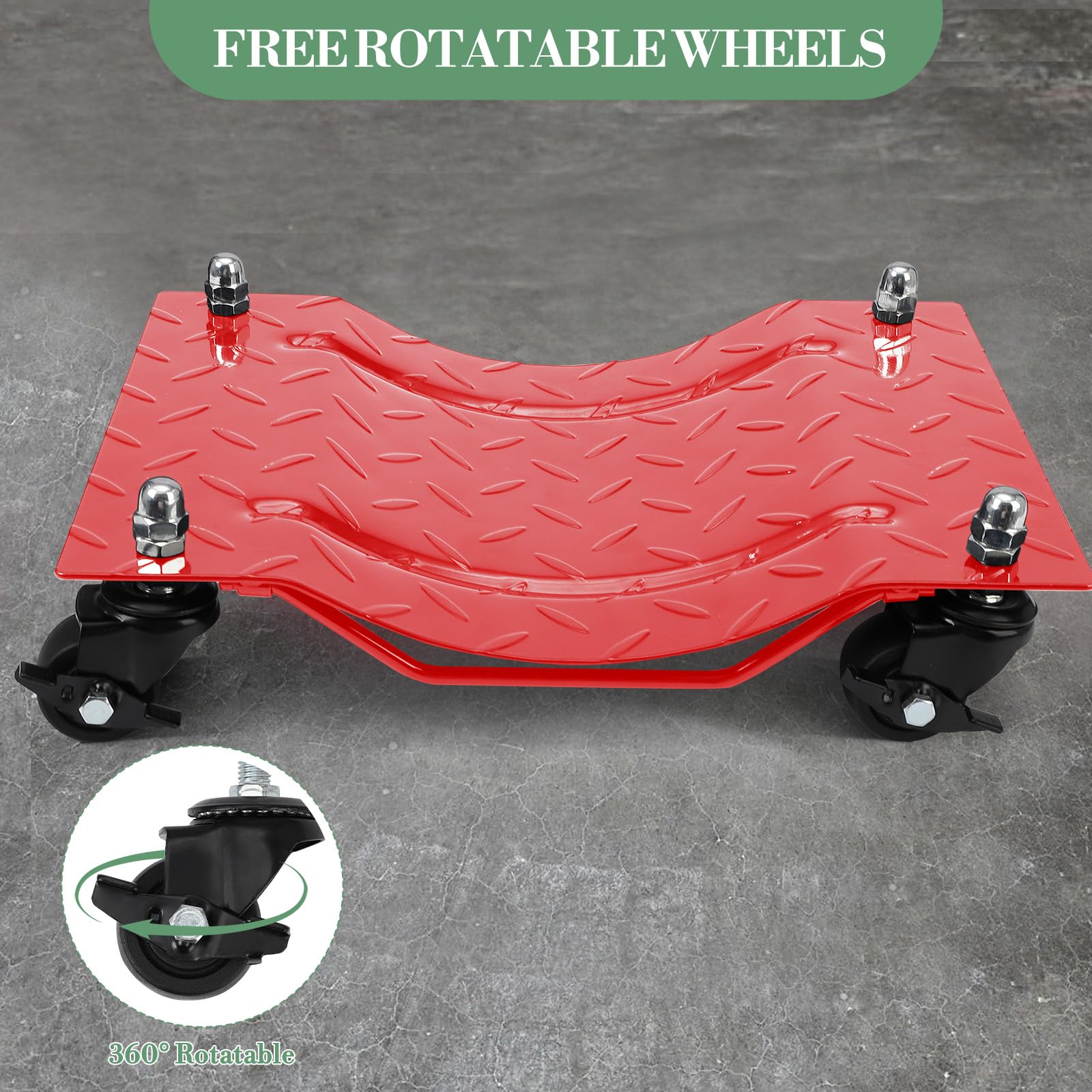 Garvee Upgraded Wheel Dolly Set of 4 - 6000LBS Capacity Vehicle Dollies with 360° Rotational Nylon Wheels, Steel Tire Skates with Brakes, 5mm Steel Plate for Moving Cars, Trucks, and Carts, Red