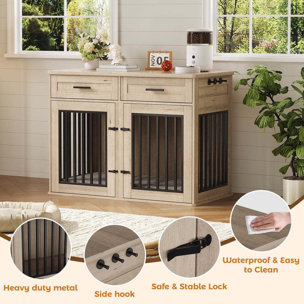 Garvee 44.5 Inch Large Dog Crate Furniture with 2 Storage Drawers,Wooden Dog Kennel Furniture As End Table, Decorative Pet Cage Dog House Indoor for Medium/Large Dogs, Chew-Proof, Gray