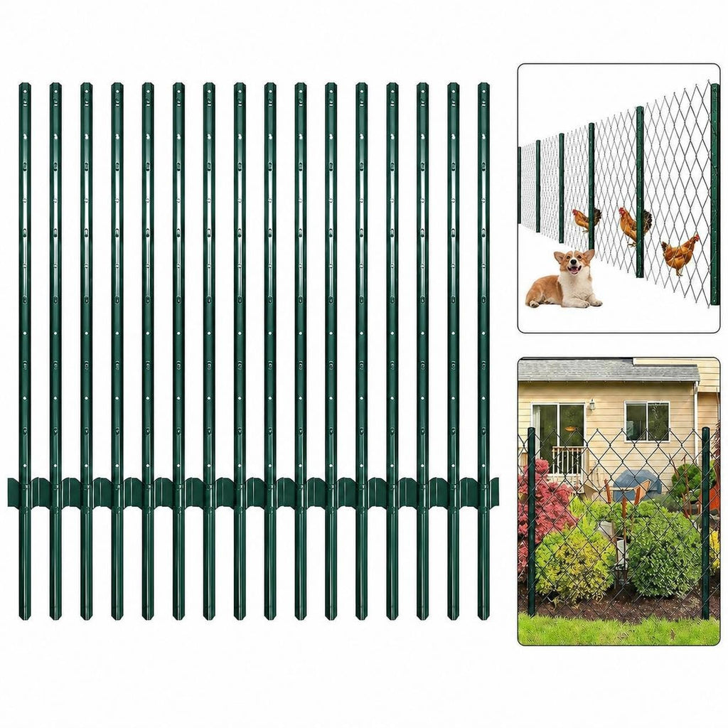 Garvee 5ft Heavy Duty U-Channel Metal Fence Posts (15-Pack) - No-Dig Steel Fencing Stakes with Anchor Plates for Garden Wire Mesh & Yard Borders (4ft Above Ground, Green)