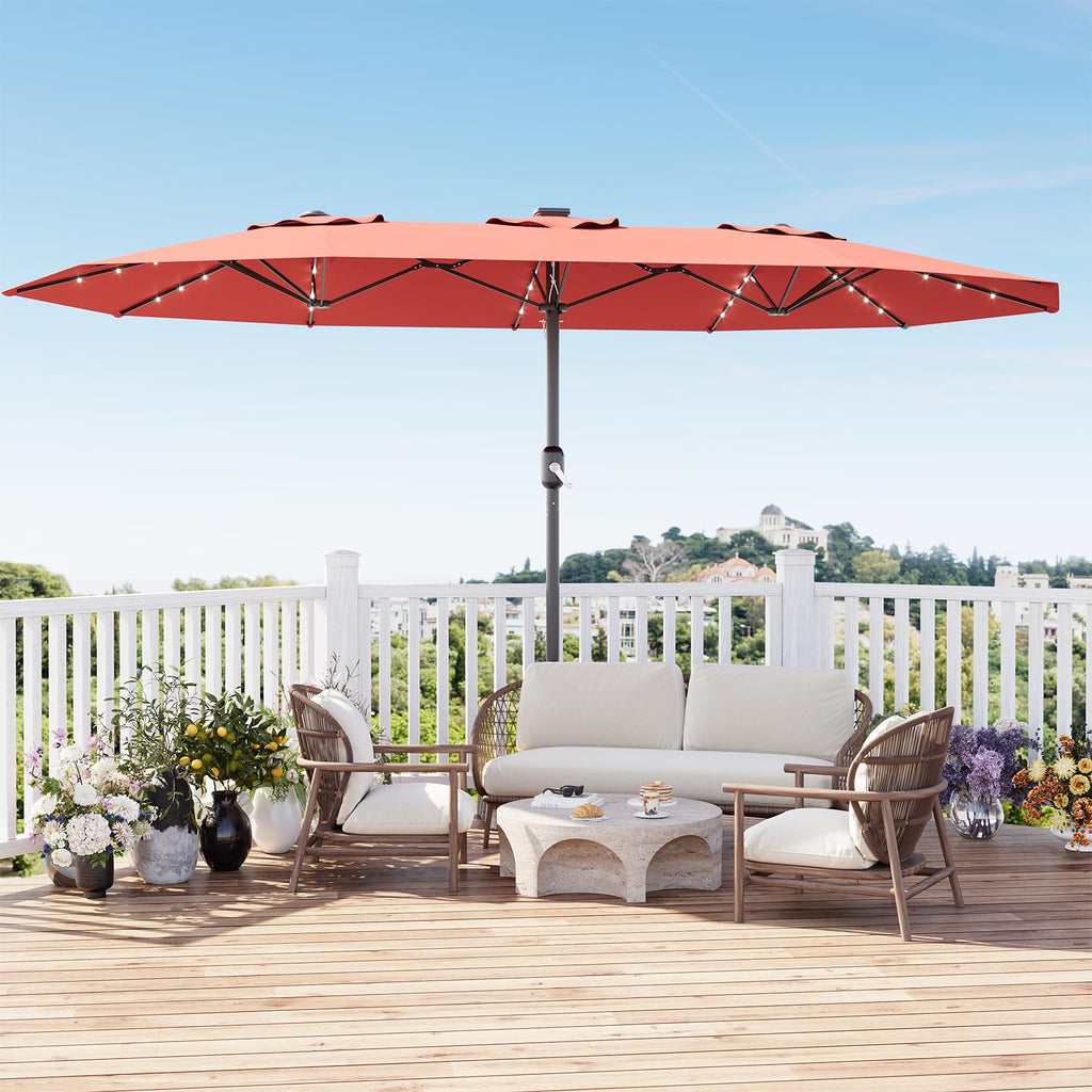 Garvee 15' Rectangular Patio Umbrella with Solar LED Lights & Base, Crank Handle UV-Resistant Outdoor Market Umbrella for Backyard, Pool & Patio, Red