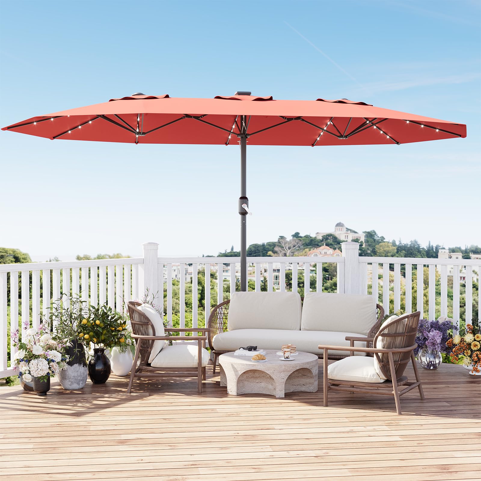 Garvee 15' Rectangular Patio Umbrella with Solar LED Lights & Base, Crank Handle UV-Resistant Outdoor Market Umbrella for Backyard, Pool & Patio, Red