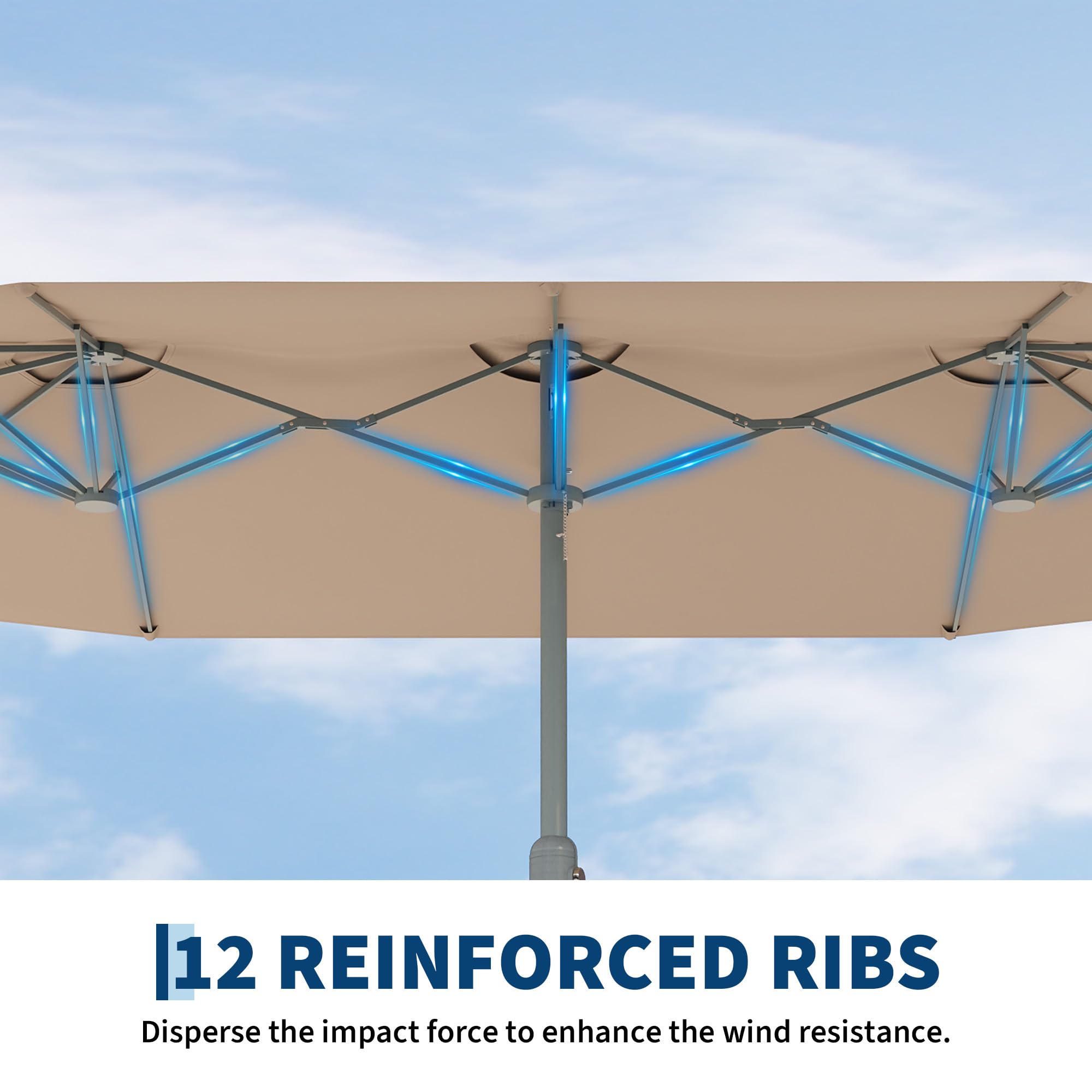 Garvee 9' × 15' Extra Wide Patio Umbrella, 12-Rib Iron Frame, Oxford Canopy, Khaki
