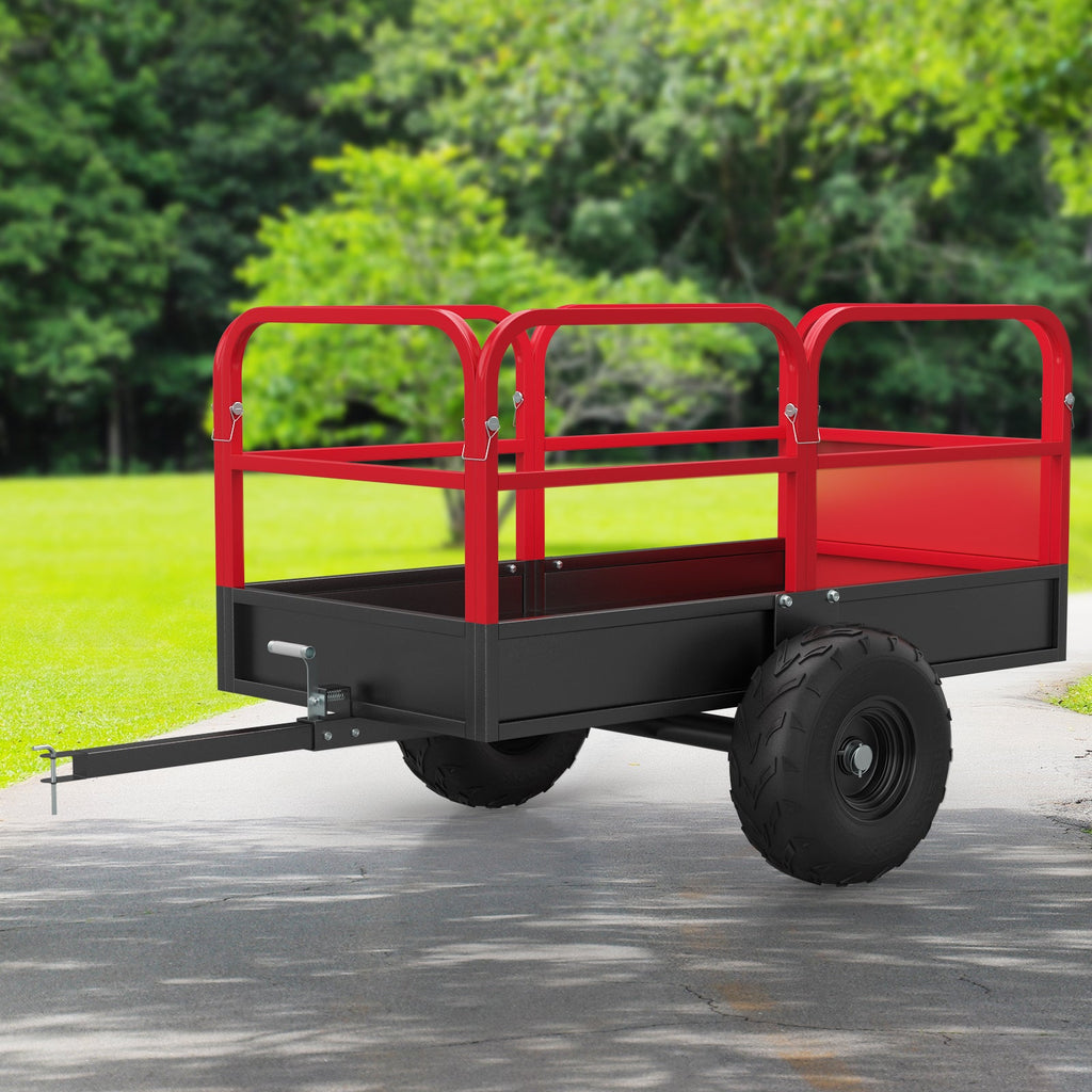 Garvee Tow-Behind Dump Cart, 1700 lb Capacity, 17 cu. ft. Steel Utility Trailer with 16" Pneumatic Tires, 45° Dump, Removable Sides and Tailgate for ATV, UTV and Lawn Tractor, Red