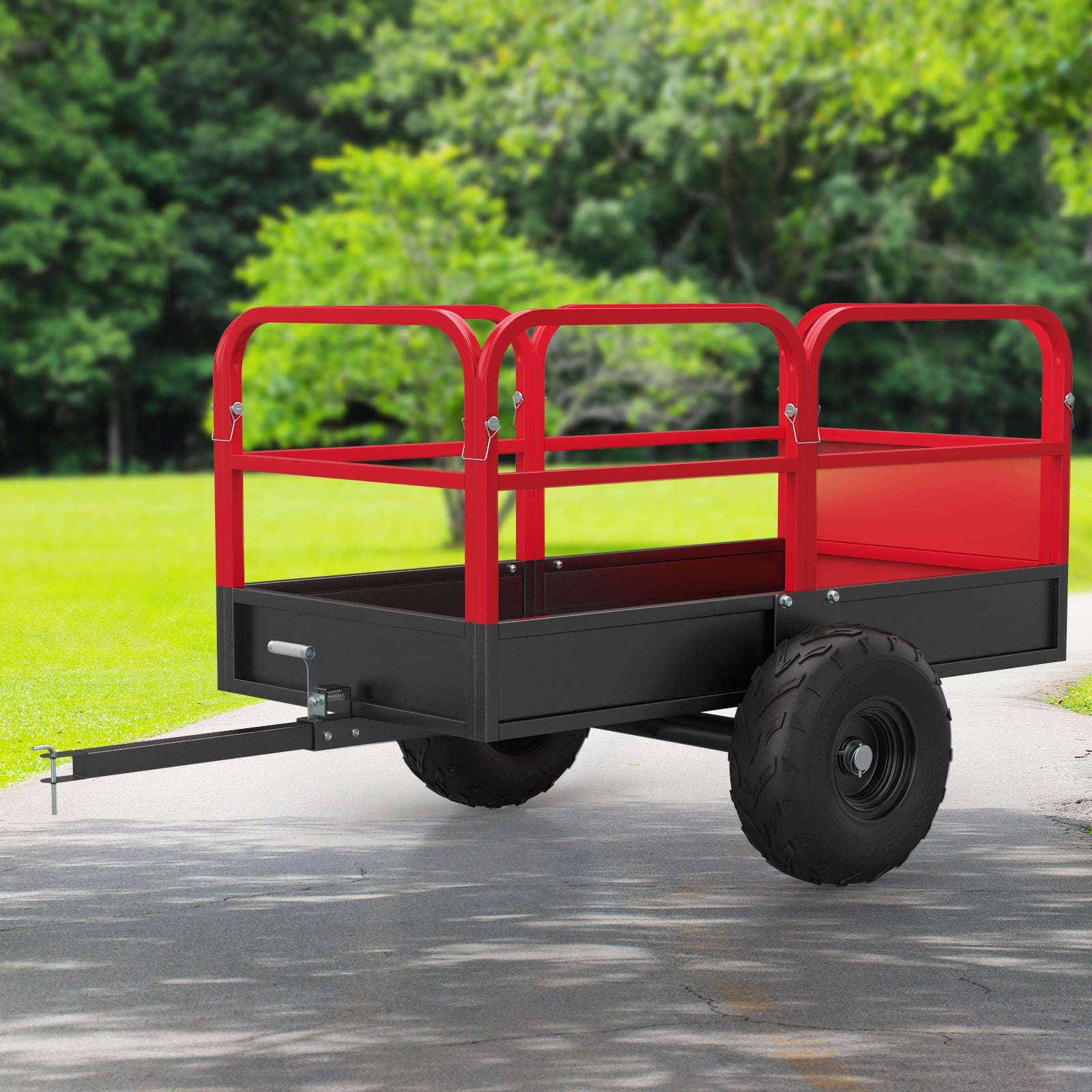 Garvee Tow-Behind Dump Cart, 1700 lb Capacity, 17 cu. ft. Steel Utility Trailer with 16" Pneumatic Tires, 45° Dump, Removable Sides and Tailgate for ATV, UTV and Lawn Tractor, Red