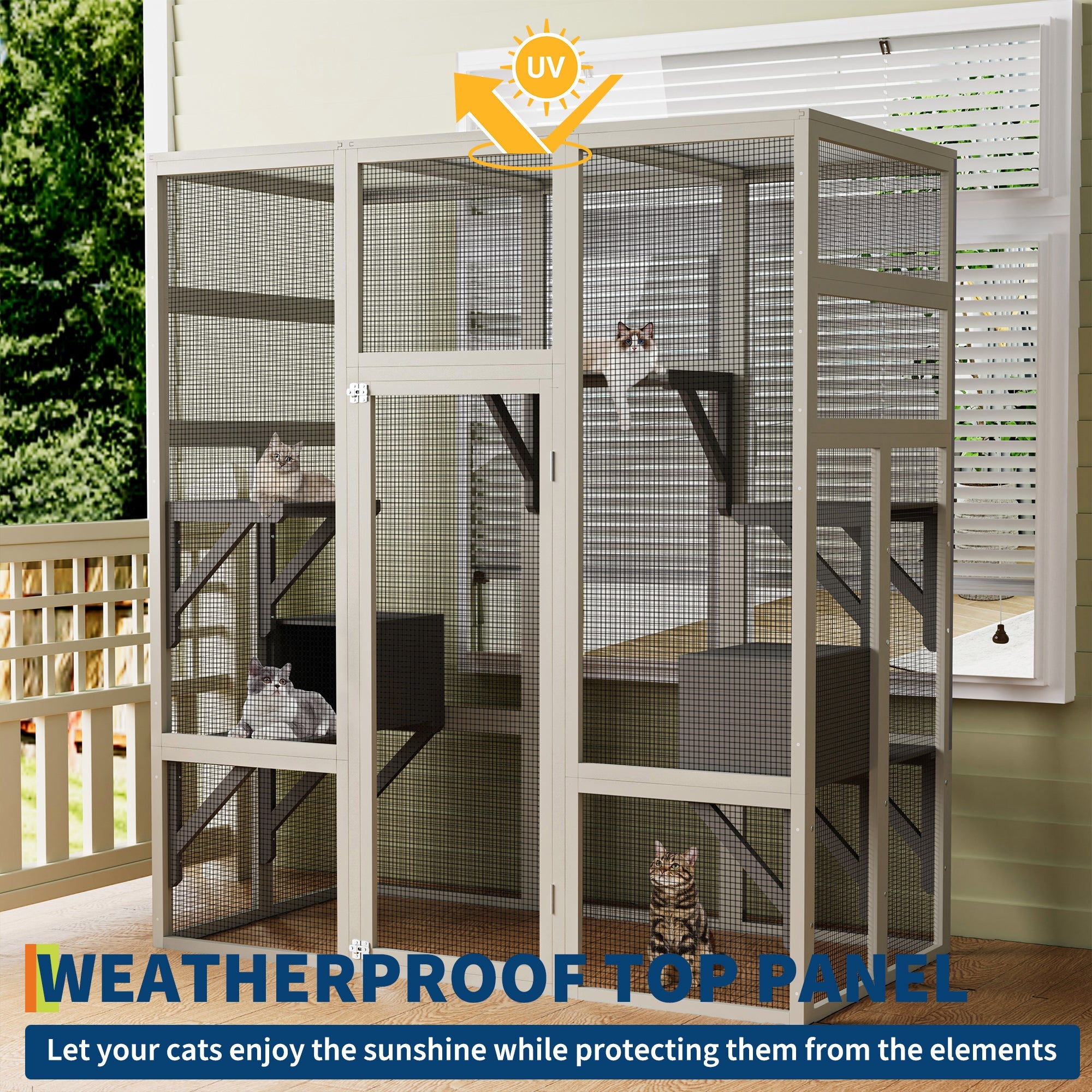 Garvee 70" Large Outdoor Catio Cat Enclosure, Wood Cat Patio with Waterproof UV-Resistant Roof, Cats Shelter with 5 Platforms and 2 Resting Box, and Secure Rust-Proof Wire for Backyard or Patio