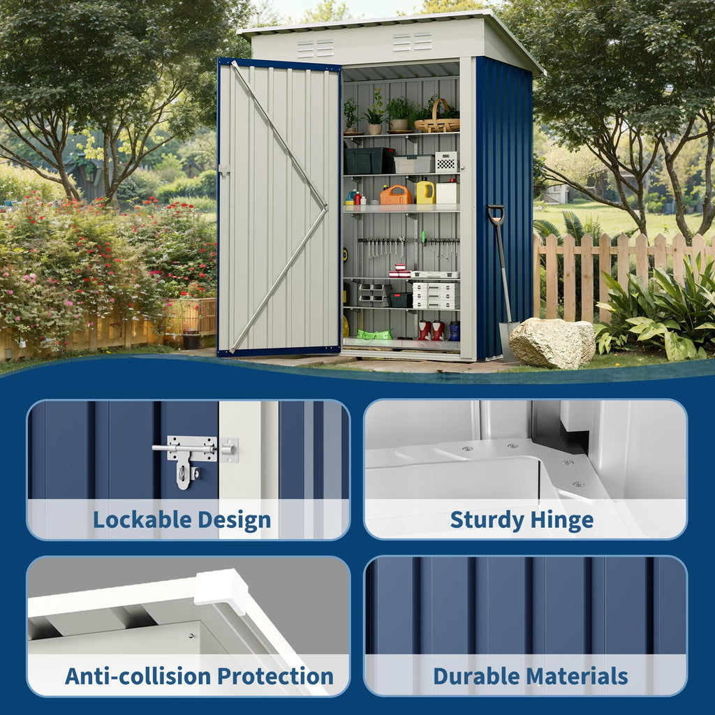 Garvee 5×3FT Heavy Duty Metal Outdoor Storage Shed, Weather-Resistant Garden Tool Shed with Lockable Single Door, Sloped Roof & Vents, Rustproof Patio Storage House for Backyard, Lawn, Navy Blue