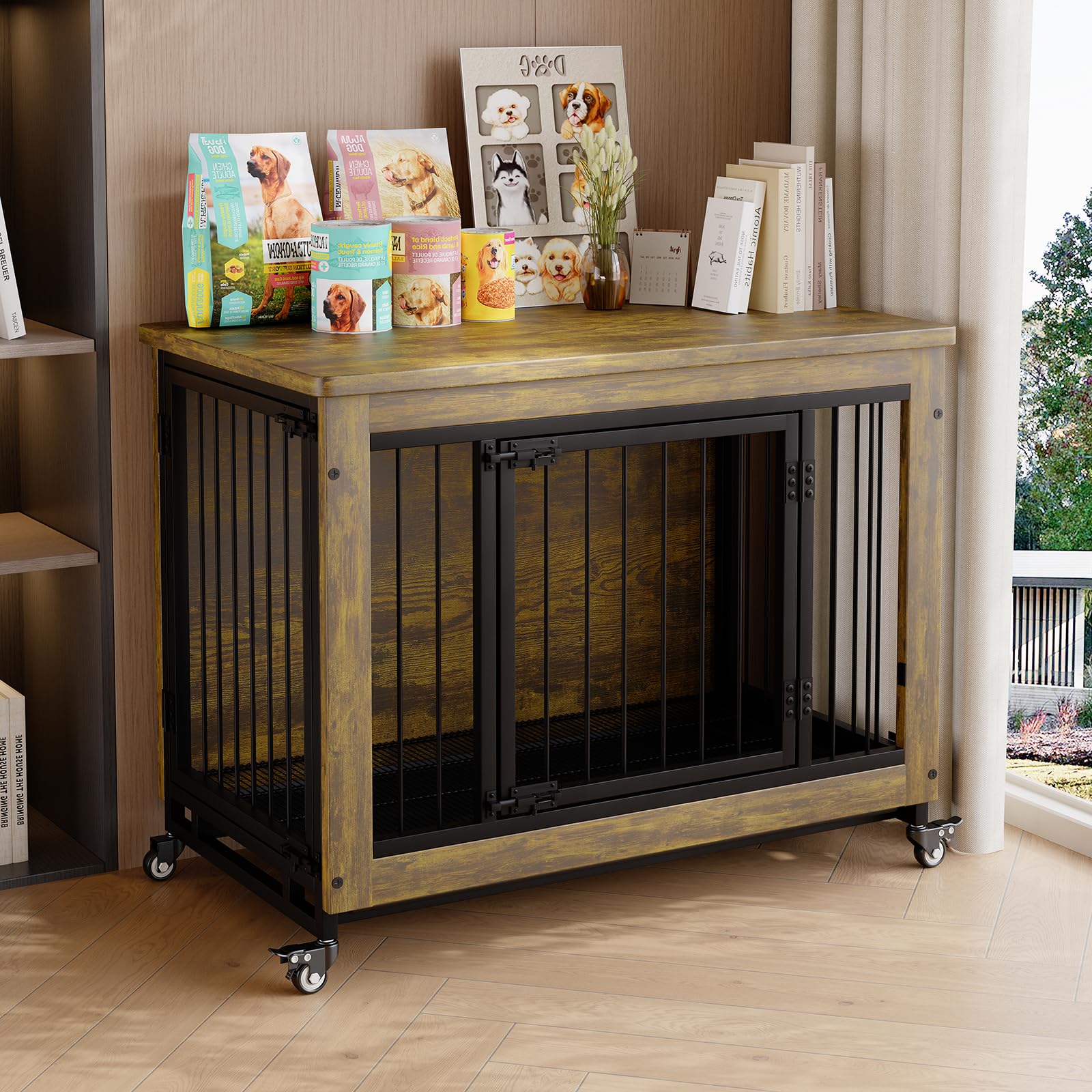 Garvee 38.6" Heavy Duty Dog Crate Furniture with  3 Doors & Wheels, Rustic Indoor Kennel Furniture Pet Crate with Carbon Steel Bars & Removable Tray for Small to Medium Dogs