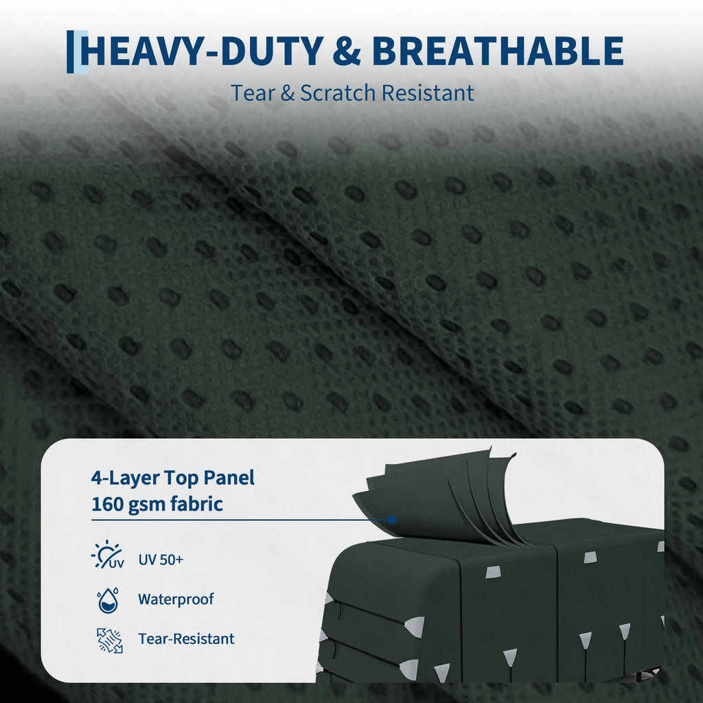 Garvee 24-27FT Heavy-Duty Trailer Cover for Campers, 4-Ply Oxford RV Cover with Waterproof Roof, Breathable Side Vents, UV Protection, Tie-Down Straps, Zipper Access, Tire Covers, and Storage Bag, Green