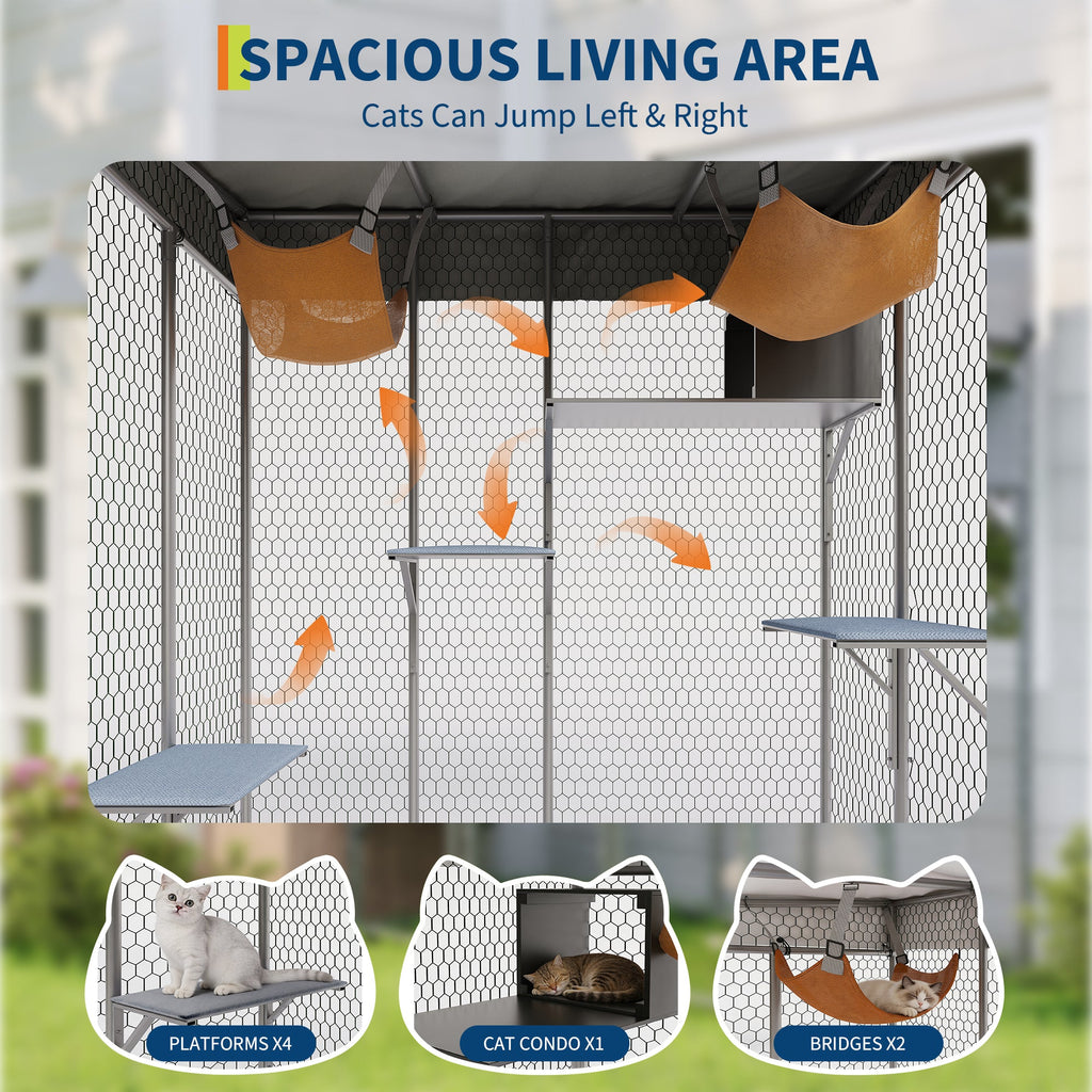 Garvee Large Outdoor Cat House Catio, Walk-In Metal Enclosure with 4 Platforms, Hammock, Weatherproof Canopy, Resting Condo, Spacious Shelter for Multiple Cats, Patio/Yard Use – Size JYCC-X200