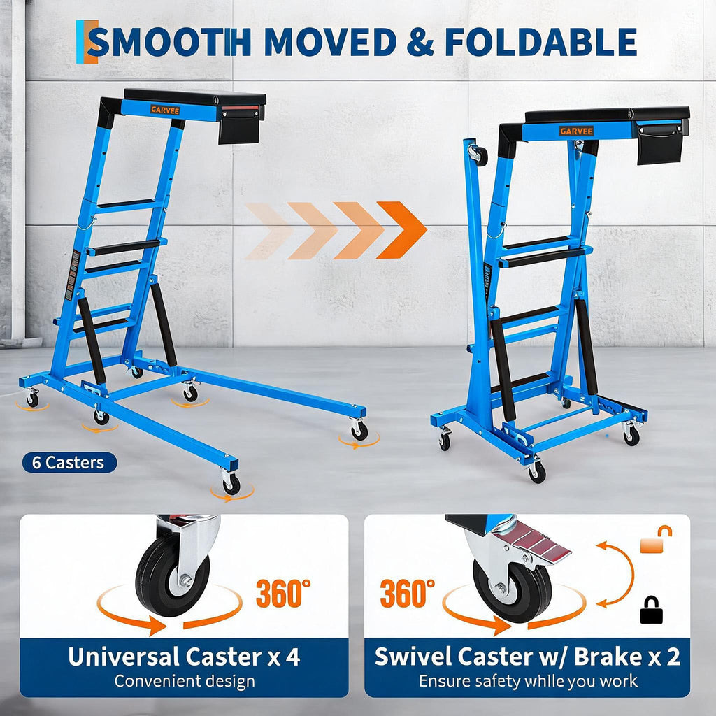 Garvee Heavy Duty Over-Engine Creeper for Mechanics – Adjustable Height 48-68 in, 400 lbs Capacity, Collapsible Design, 6 Swivel Casters, Rolling Mechanic Seat for Garage Workshop – Mechanical Blue (RAL 5015)