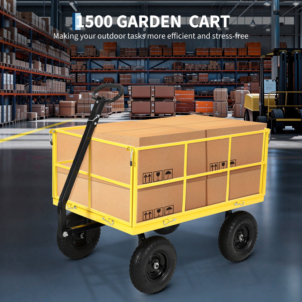 Garvee Heavy Duty 1500 lbs Steel Garden Cart – 3-in-1 Outdoor Utility Wagon with Removable Mesh Sides, 13" All-Terrain Wheels, 180° Rotating Handle – Lawn, Soil, Tool & Plant Carrier – 13-inch wheels, black hubs + yellow frame + black handlebars