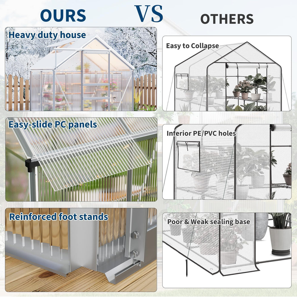 Garvee 6 x 4 FT Polycarbonate Greenhouse with Aluminum Frame, Sliding Door & Adjustable Roof Vent, Heavy-Duty Outdoor Greenhouse for Backyard, Garden, Patio