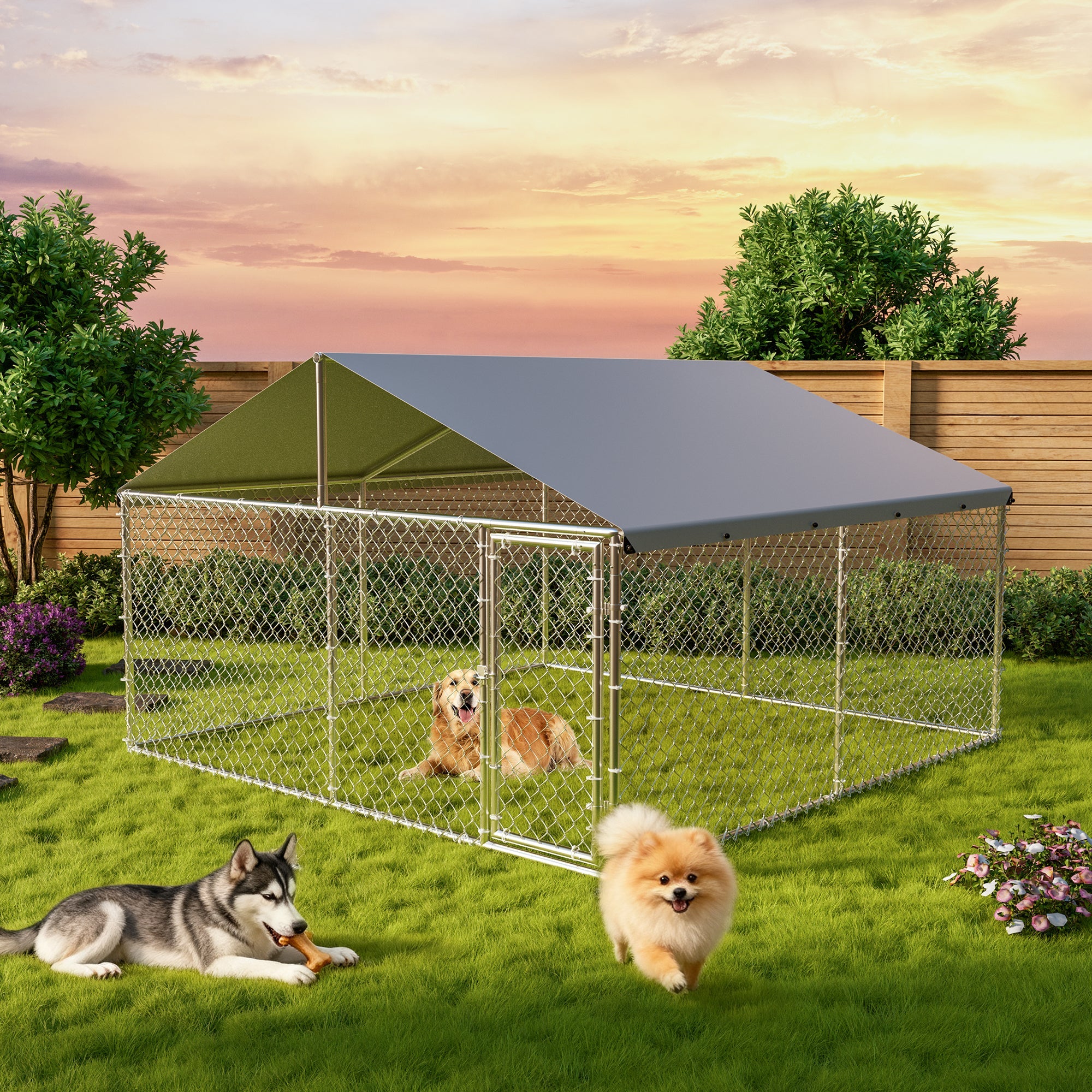 Garvee Large Outdoor Dog Kennel with Waterproof & UV-Resistant Cover, Galvanized Chain Link Dog Run, Heavy Duty Pet House Pet Playpen for Outside Backyard Farm Use, 10x10x6ft