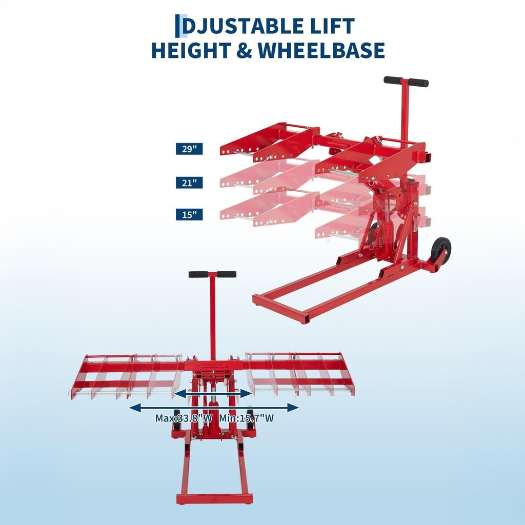 Garvee 550 lbs Heavy Duty Hydraulic Lawn Mower Lift Jack for Zero Turn & Riding Mowers, Adjustable Wheelbase 15.7"-33.8" W & Height 15"-29", Foldable Tractor Repair Hoist with 1m Straps, Red