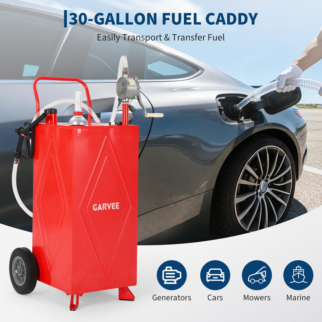 Garvee 35 Gallon Portable Fuel Gas Caddy Storage Tank – Manual Rotary Hand Pump, Fuel Hose, Wide Fill Neck, Level Gauge, Vented Cap, Grounding Clamp, Rolling Wheels – Gasoline/Fuel Transfer Tank for ATV, Tractor, Lawn Mower, Car, Boat – Reinforced 2-wheel