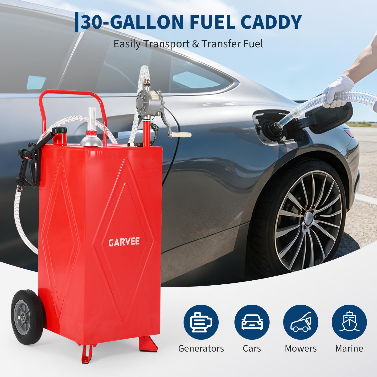 Garvee 35 Gallon Portable Fuel Gas Caddy Storage Tank – Manual Rotary Hand Pump, Fuel Hose, Wide Fill Neck, Level Gauge, Vented Cap, Grounding Clamp, Rolling Wheels – Gasoline/Fuel Transfer Tank for ATV, Tractor, Lawn Mower, Car, Boat – Reinforced 2-wheel