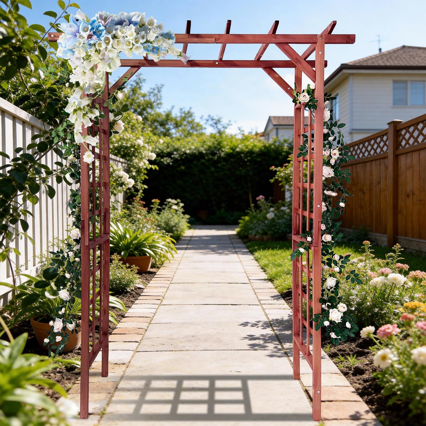 Garvee 85-Inch Wooden Garden Arbor Trellis, Fir Wood Flat-Top Pergola for Climbing Plants, Wedding, Patio, Lawn & Backyard, Teak