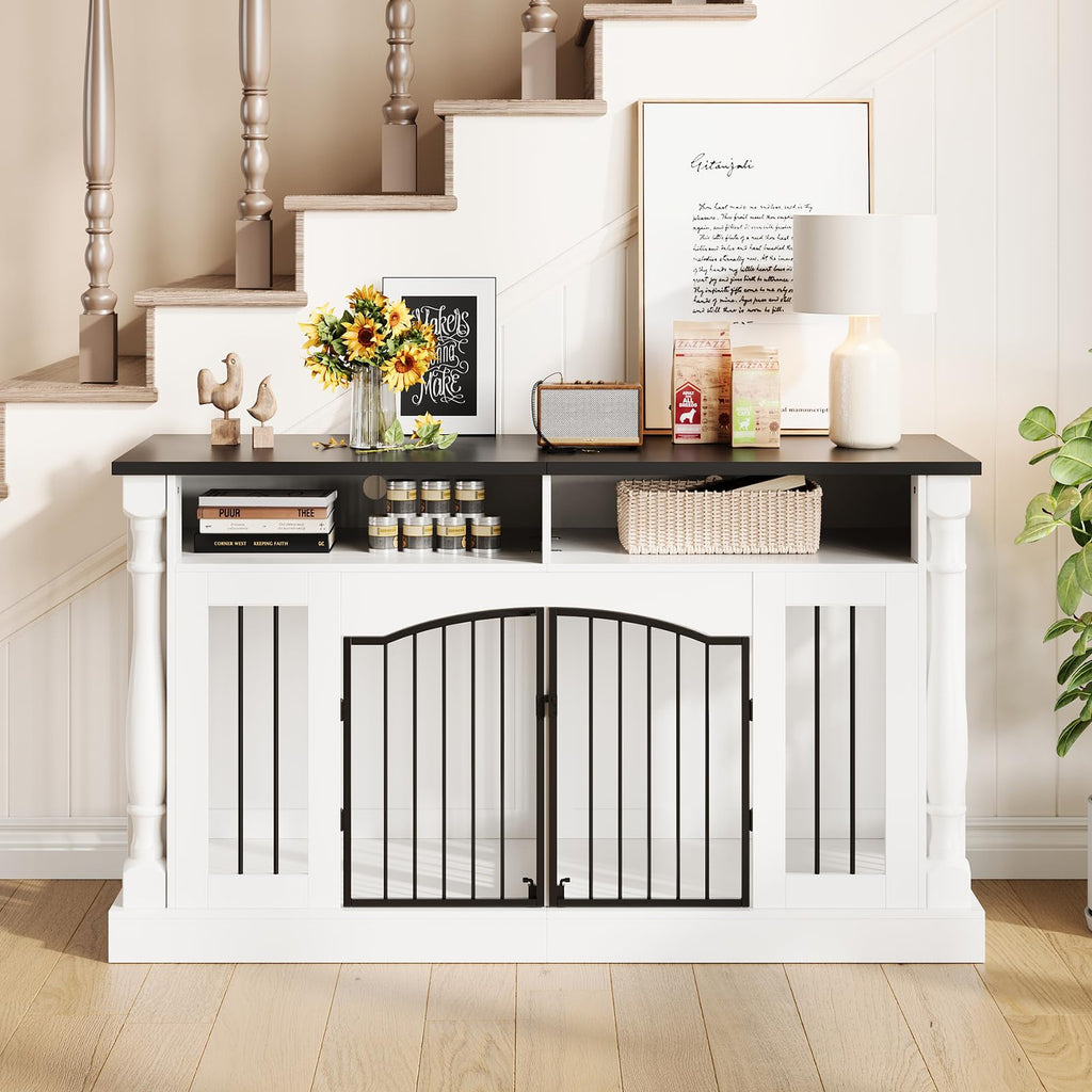 Garvee Roman Column 63 Inch Large Dog Crate Furniture for 2 Dogs with Open Storage, Heavy Duty Dog Kennel Entertainment Table TV Stand for Small and Medium Dogs, Black Table Top