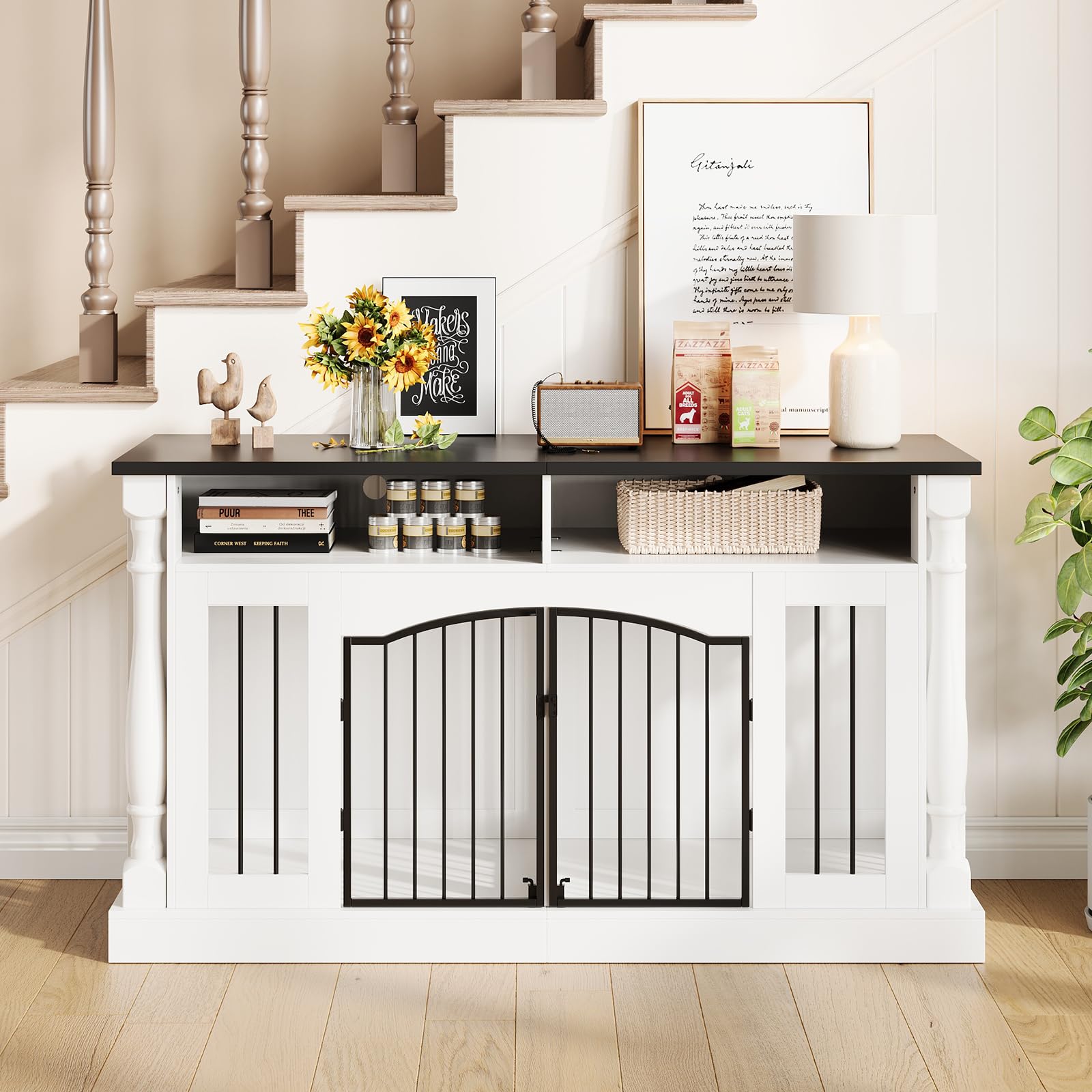 Garvee Roman Column 63 Inch Large Dog Crate Furniture for 2 Dogs with Open Storage, Heavy Duty Dog Kennel Entertainment Table TV Stand for Small and Medium Dogs, Black Table Top