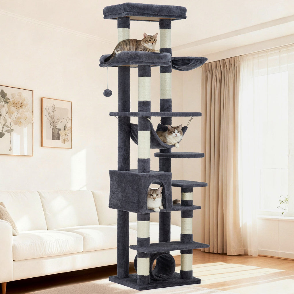 Garvee Multi-Level Cat Tree with Condo, 74" Tall Cat Tower with 11 Scratching Posts, Hammock, Tunnel, Large Top Perches & Anti-tip Kit, Indoor Cat Furniture for Large Cats, Dark Gray