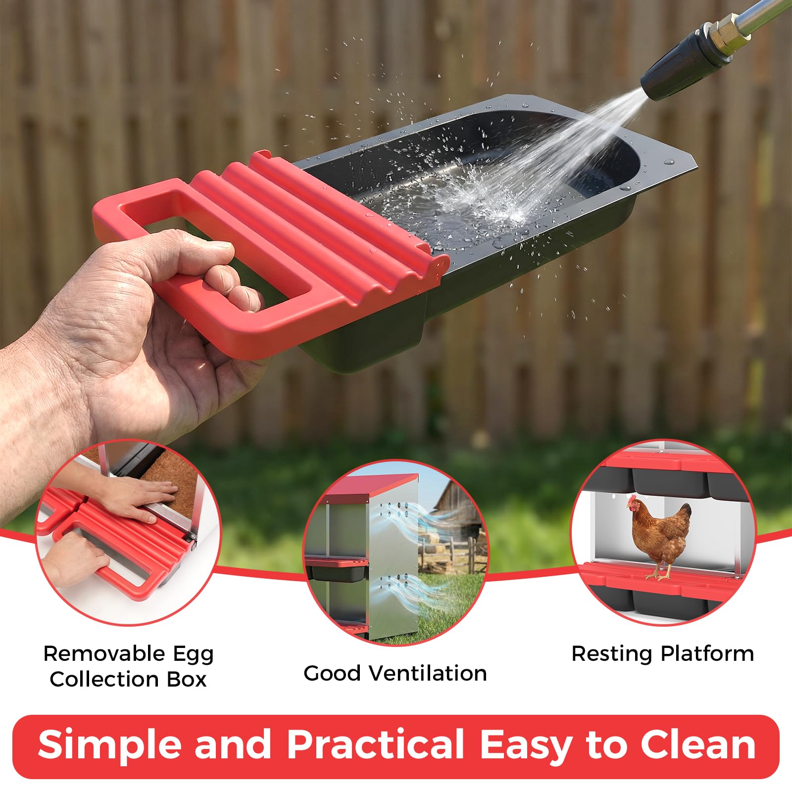 Garvee 6-Hole Metal Chicken Nesting Box, Roll Away Poultry Laying Box with Sloped Anti-Perch Roof, 31.9"x20.5"x31.1", Red