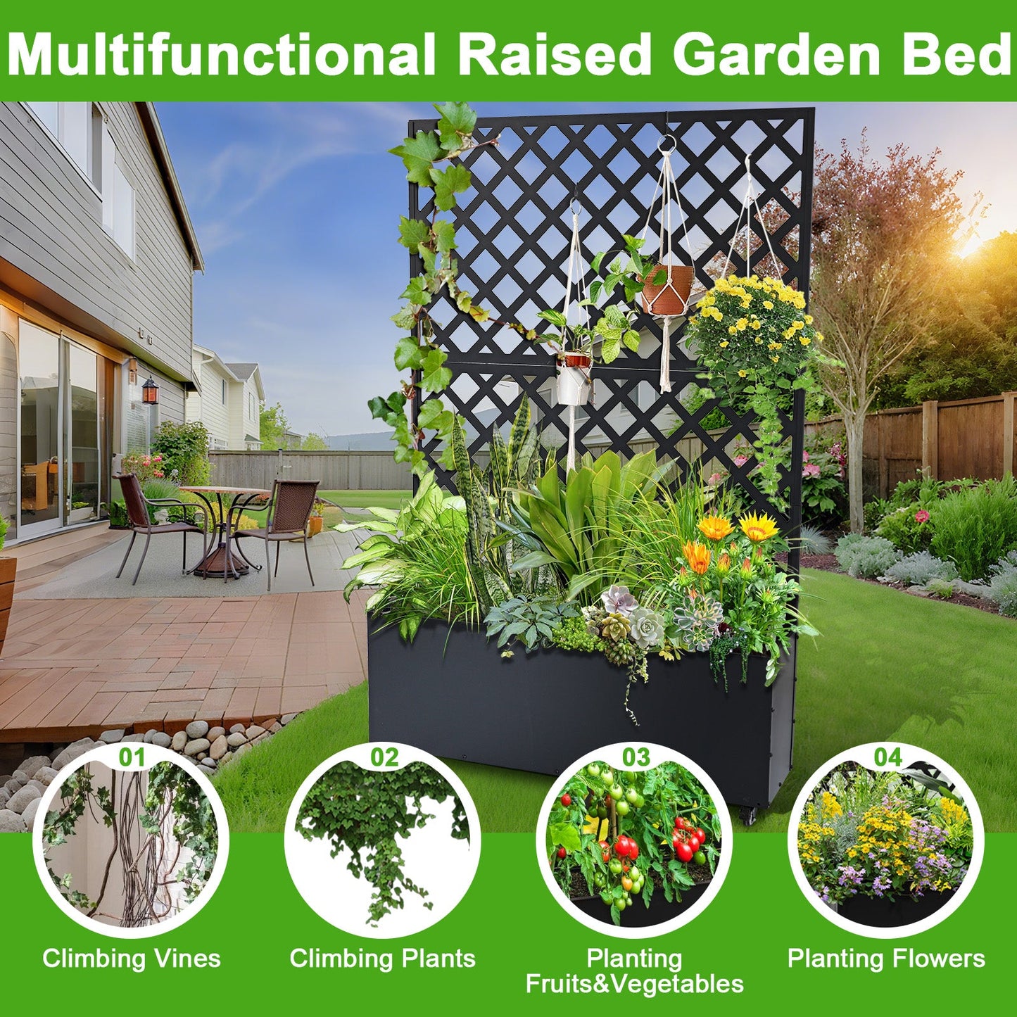 Garvee 73" x 46" x 12" Metal Planter Box with Trellis, Raised Garden Bed with Privacy Screen, Drainage Holes for Climbing Plants, Flowers & Vegetables, Black