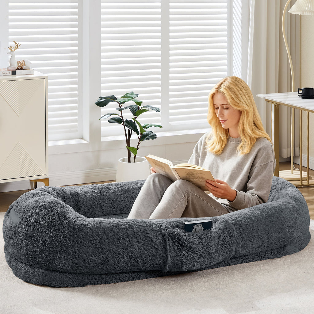 Garvee XL Orthopedic Memory Foam Dog Bed for Adults & Pets – Oversized Bean Bag Lounger, Washable Faux Fur, Side Pocket, Waterproof, No Assembly, Calming Nest for Anxiety Relief – Navy Blue