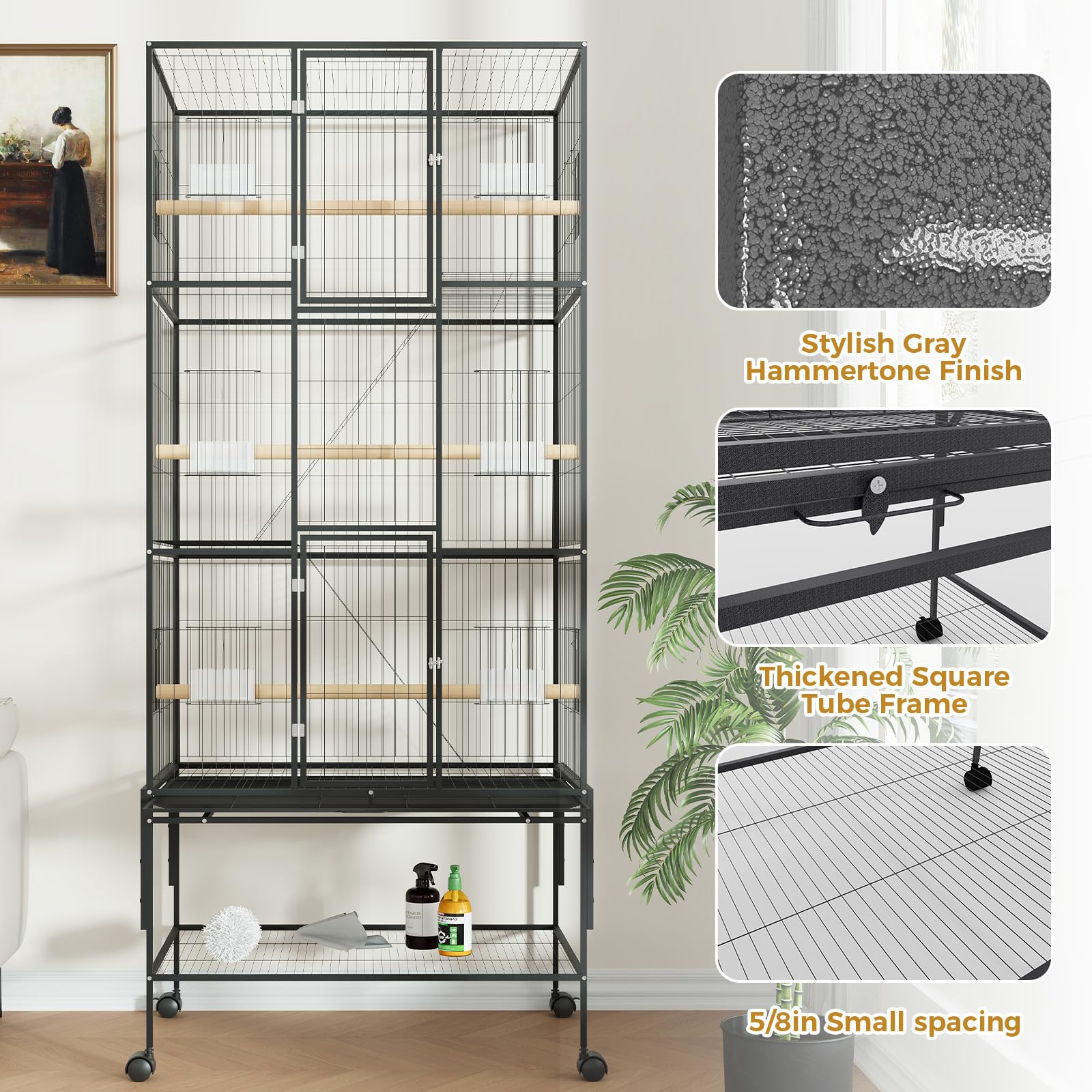 Garvee Spacious 69-Inch Extra Large Metal Bird Cage – Rolling Stand, Flight Aviary for Parrots, Cockatiels, Conures, Parakeets, Budgies, Finches – Detachable Tray, Easy Cleaning – Black