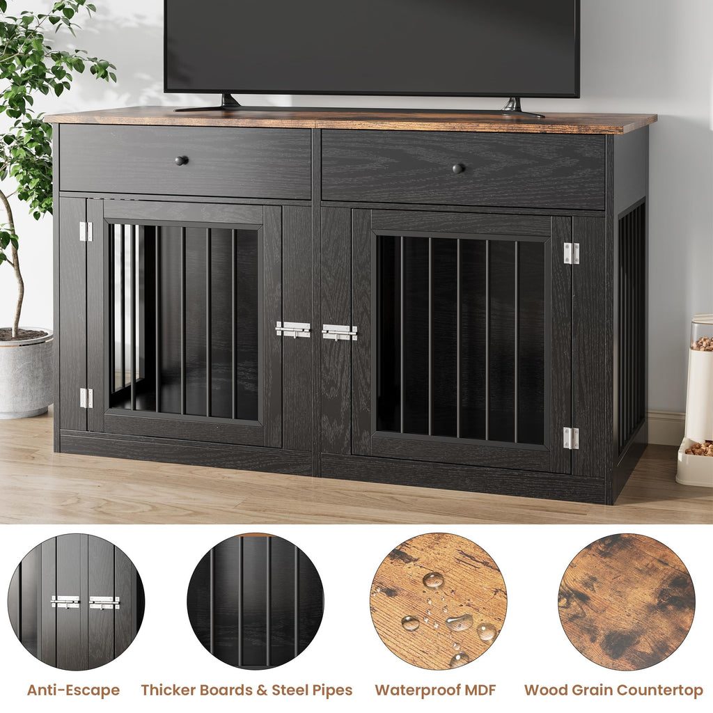 Garvee 60" Dog Crate Furniture for 2 Dogs, Heavy Duty Dog Kennel Furniture TV Stand with 2 Drawers, Dog Crates for Small Medium Dogs, Dog Cage End Table for Indoor Use, Black