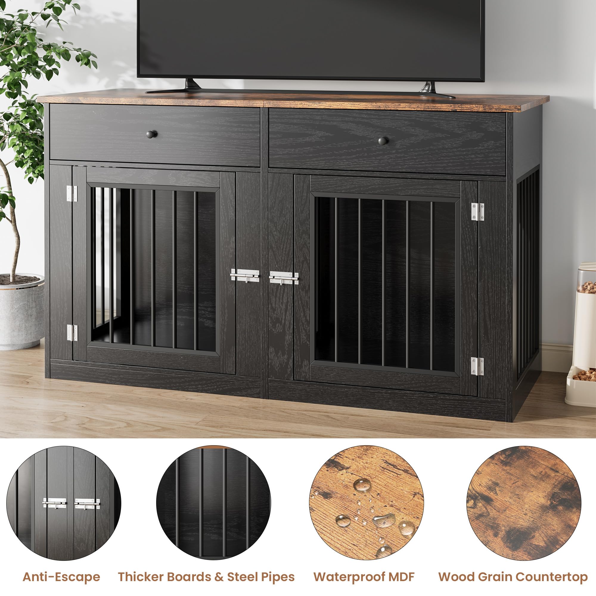 Garvee 60" Dog Crate Furniture for 2 Dogs, Heavy Duty Dog Kennel Furniture TV Stand with 2 Drawers, Dog Crates for Small Medium Dogs, Dog Cage End Table for Indoor Use, Black