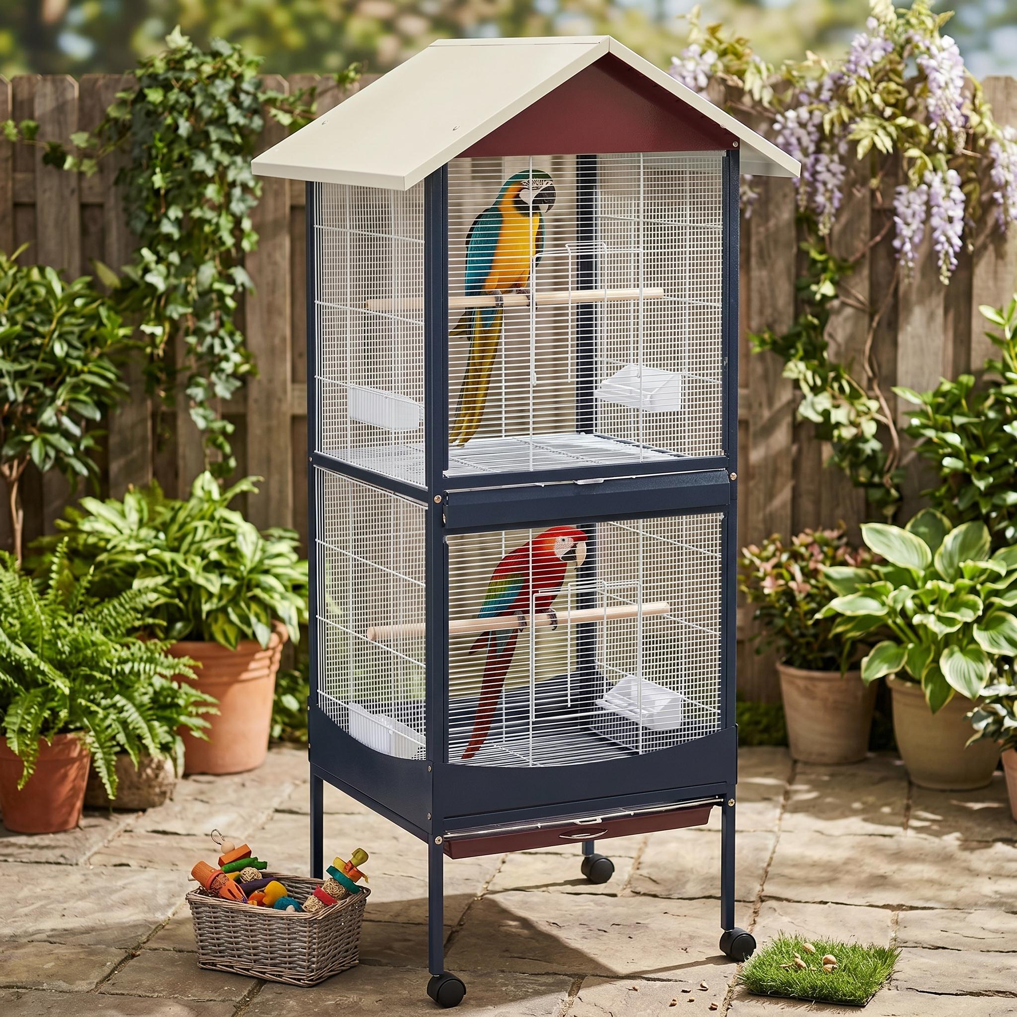 Garvee Rolling Bird Cage with Roof, Metal Wire Flight Cage for Parrots Lovebirds Finches, Wheeled Stand, Multiple Perches