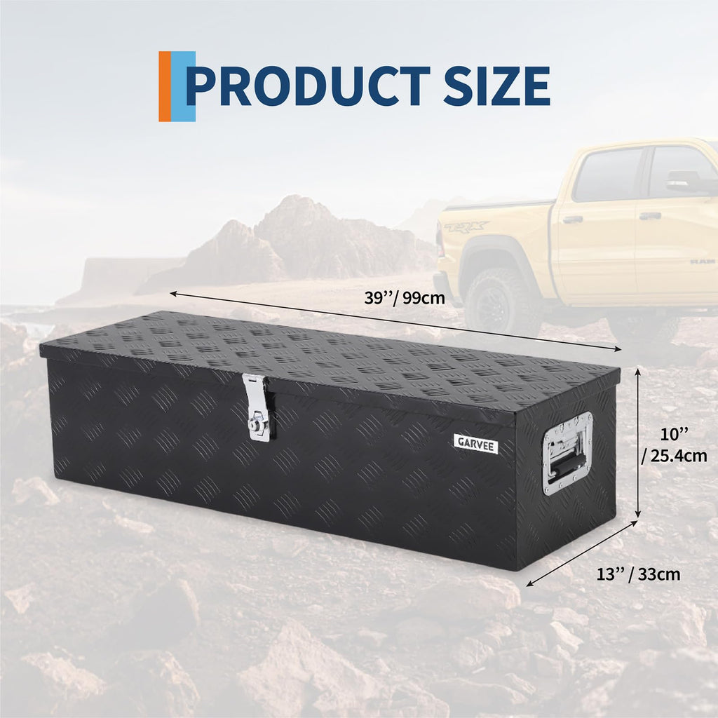 Garvee 39"X13"X10" Aluminum Truck Bed Tool Box with Lock and Keys, Heavy Duty Diamond Plate, Weather-Resistant, Side Handles, 39x13x10 in, Black, for Pickup Trucks and Trailers