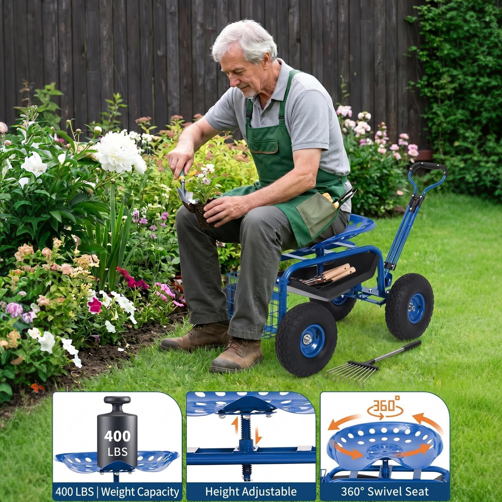 Garvee Blue Rolling Garden Work Seat with Wheels, 360° Swivel Gardening Cart with Extendable Steering Handle, Tool Tray, Storage Basket & 10" Inflatable Tires, 400 lb Capacity Garden Scooter for Yard, Patio & Outdoor Use